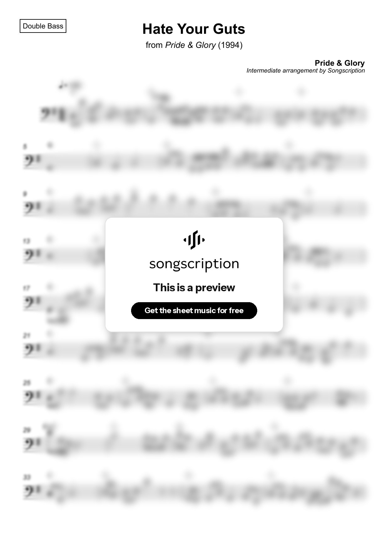 Intermediate Double Bass Sheet Music for "Hate Your Guts" by Pride & Glory