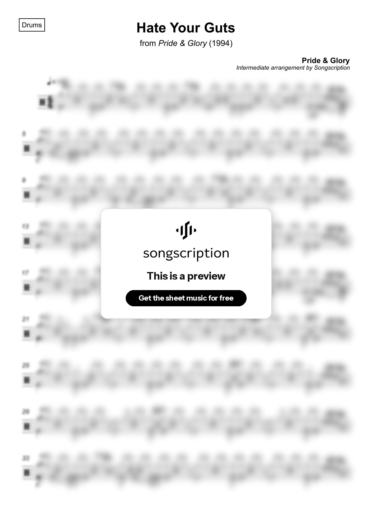 Intermediate Drums Sheet Music for "Hate Your Guts" by Pride & Glory