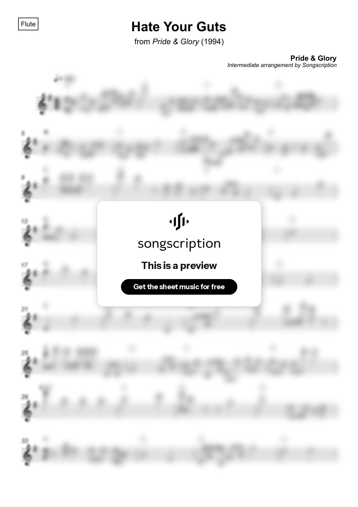 Intermediate Flute Sheet Music for "Hate Your Guts" by Pride & Glory