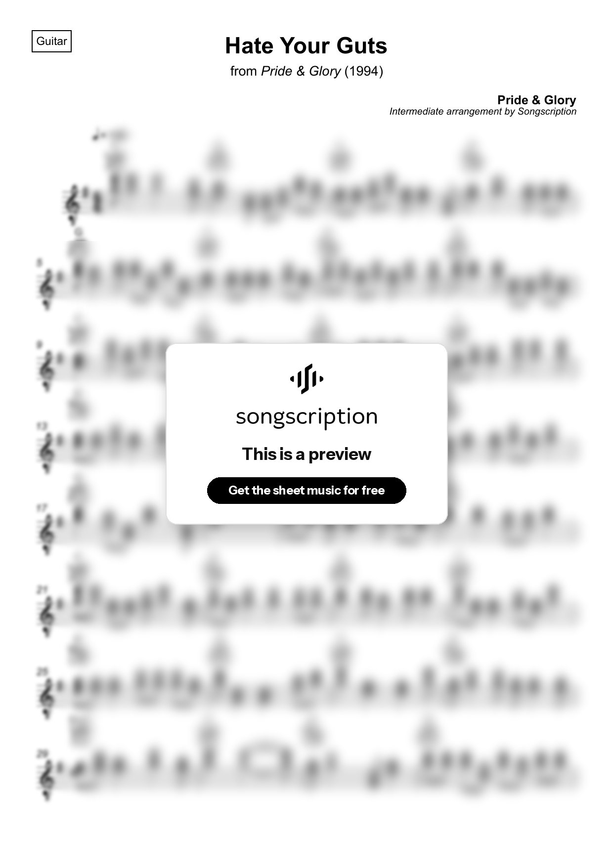 Intermediate Acoustic Guitar Sheet Music for "Hate Your Guts" by Pride & Glory
