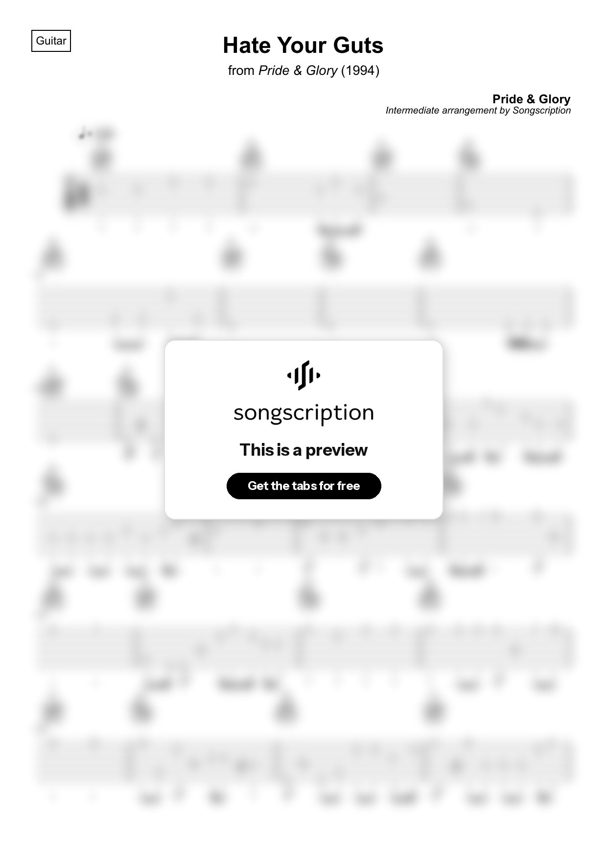 Intermediate Acoustic Guitar Tabs for "Hate Your Guts" by Pride & Glory