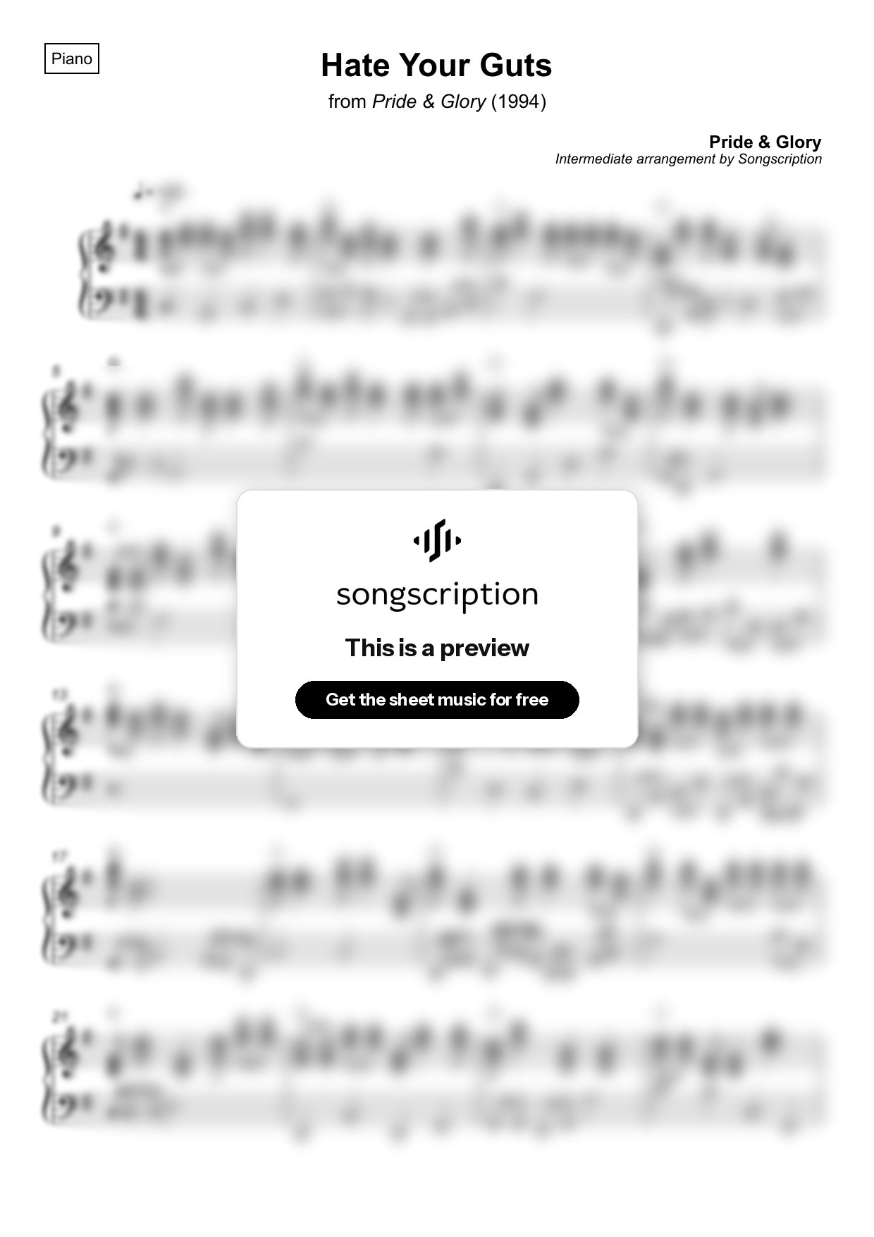 Intermediate Piano Sheet Music for "Hate Your Guts" by Pride & Glory