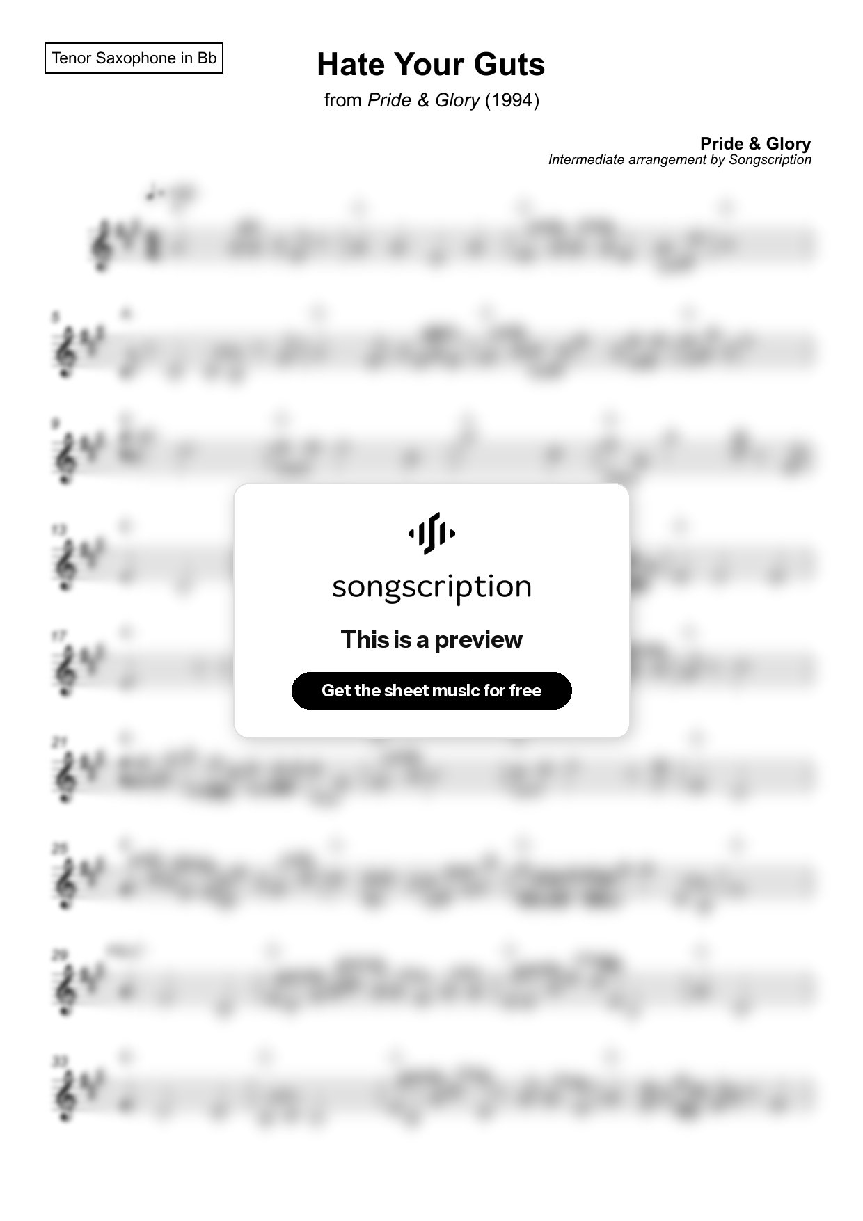 Intermediate Tenor Sax Sheet Music for "Hate Your Guts" by Pride & Glory