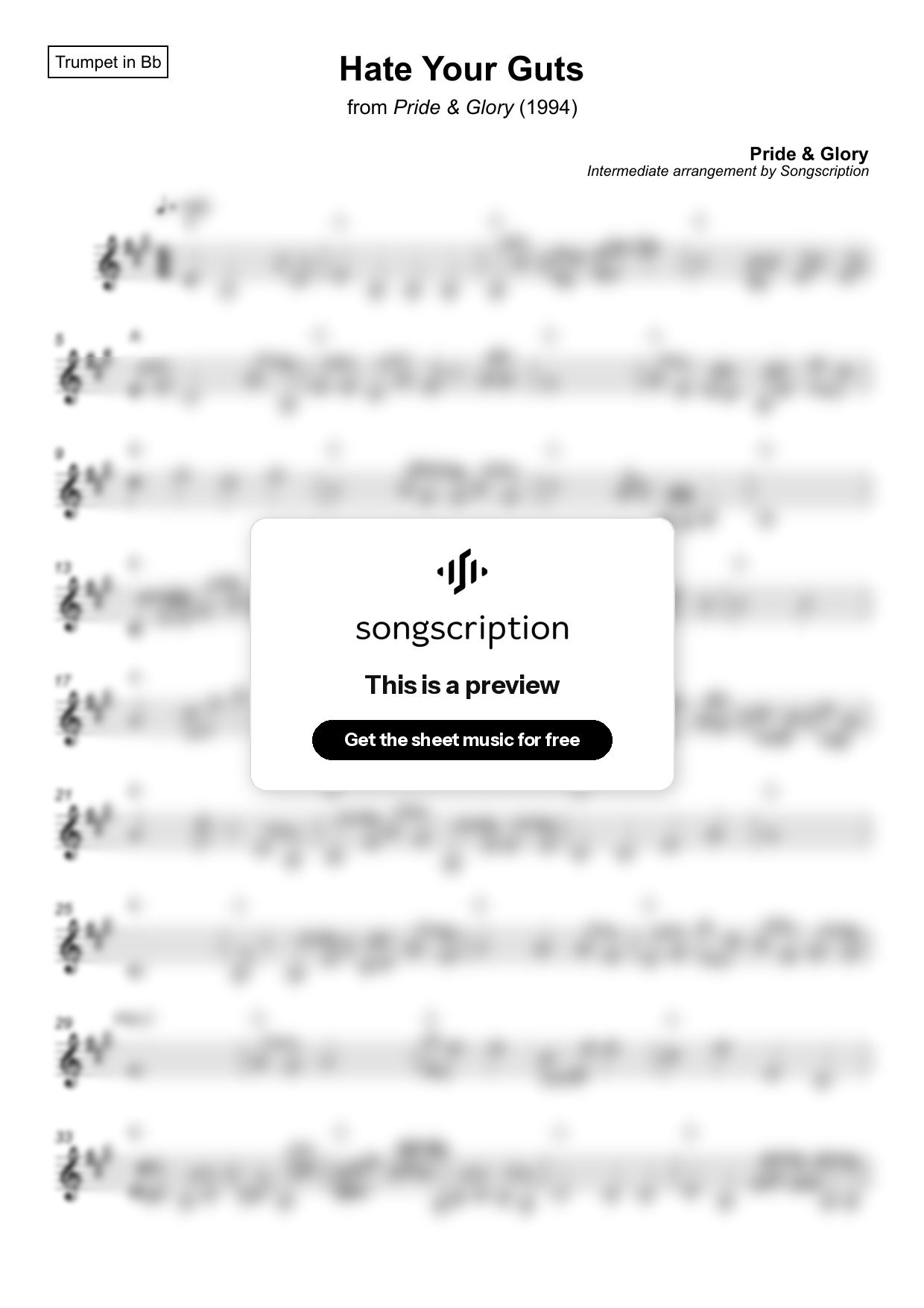 Intermediate Trumpet Sheet Music for "Hate Your Guts" by Pride & Glory