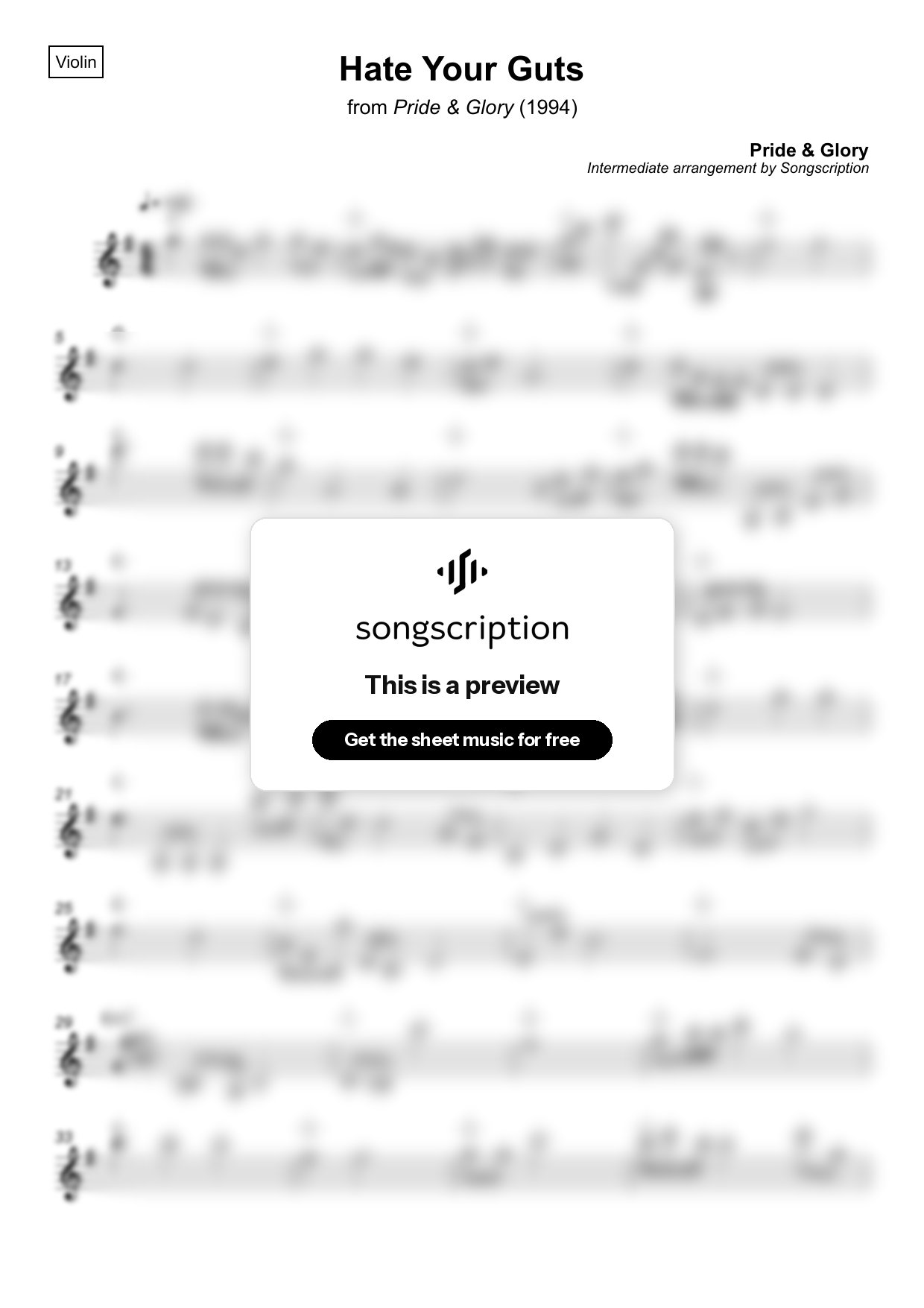 Intermediate Violin Sheet Music for "Hate Your Guts" by Pride & Glory