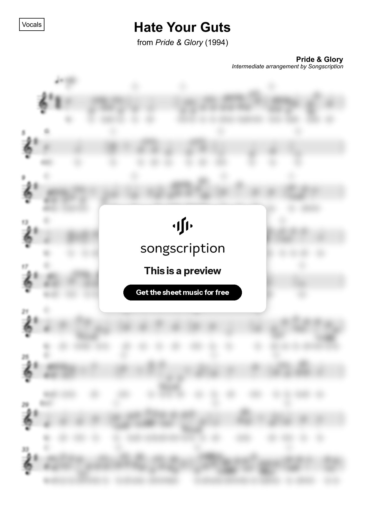 Intermediate Vocals Sheet Music for "Hate Your Guts" by Pride & Glory