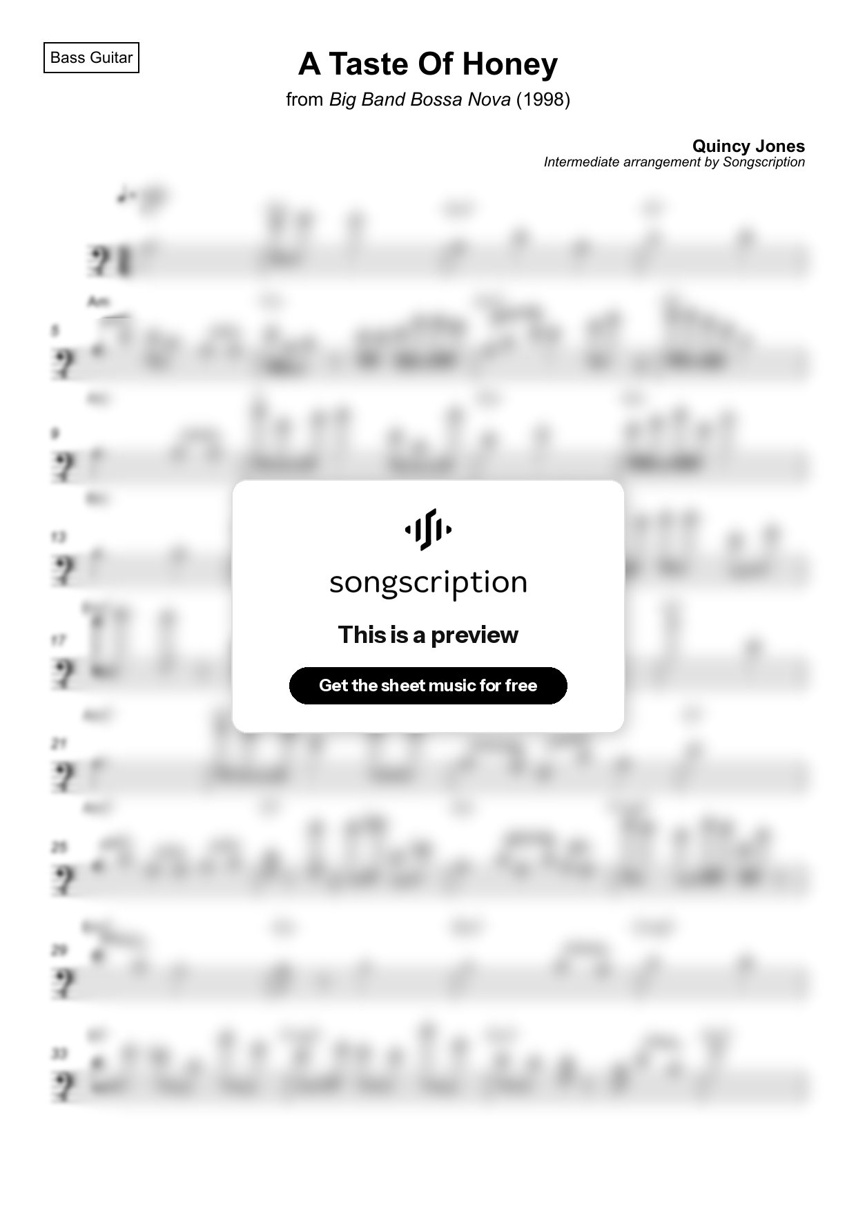 Intermediate Bass Guitar Sheet Music for "A Taste Of Honey" by Quincy Jones