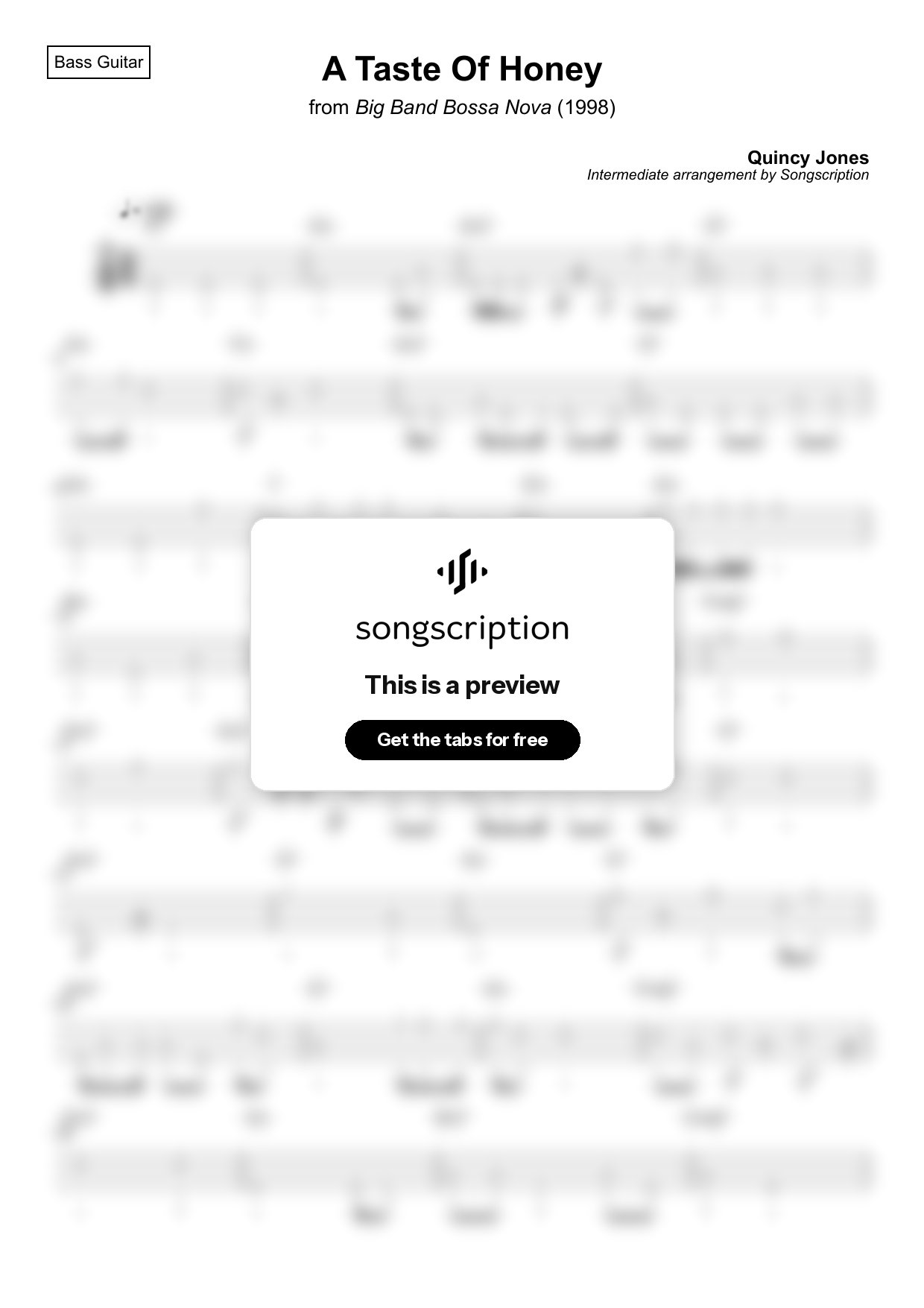 Intermediate Bass Guitar Tabs for "A Taste Of Honey" by Quincy Jones