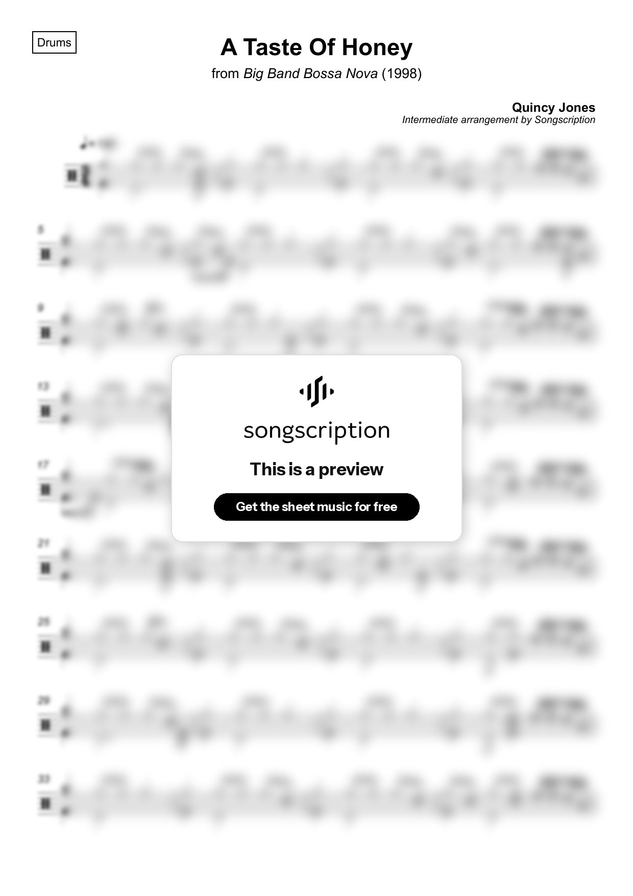 Intermediate Drums Sheet Music for "A Taste Of Honey" by Quincy Jones