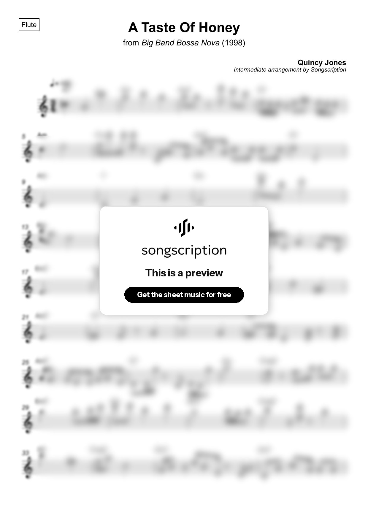 Intermediate Flute Sheet Music for "A Taste Of Honey" by Quincy Jones