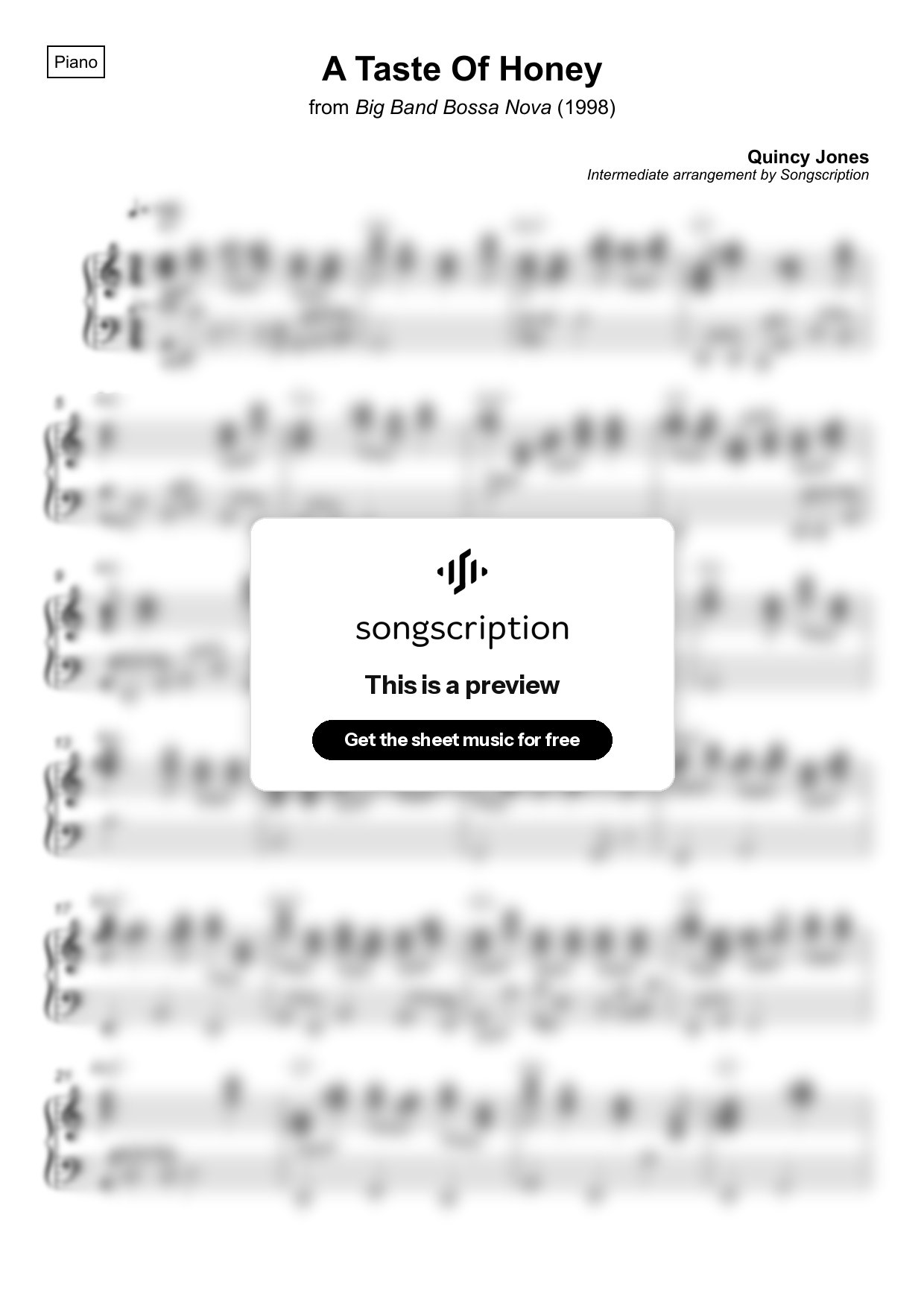 Intermediate Piano Sheet Music for "A Taste Of Honey" by Quincy Jones