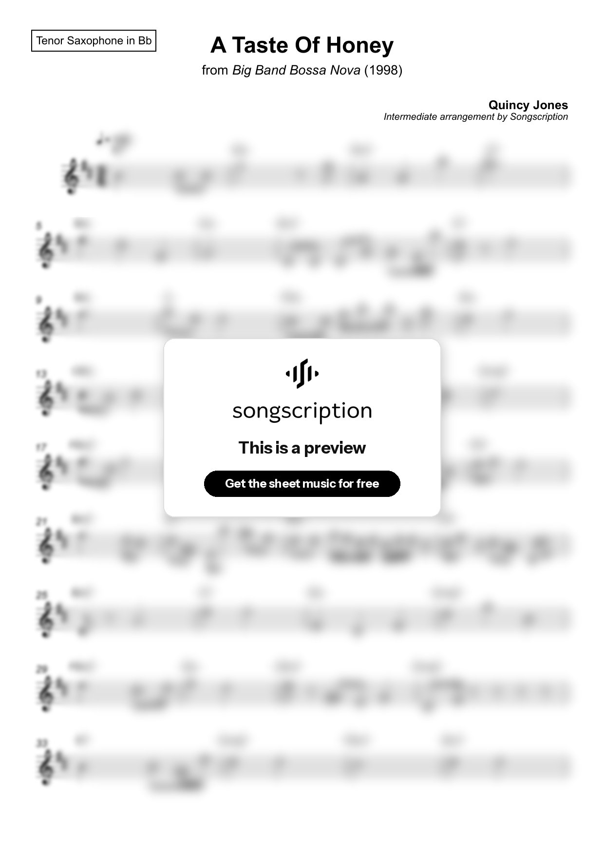 Intermediate Tenor Sax Sheet Music for "A Taste Of Honey" by Quincy Jones