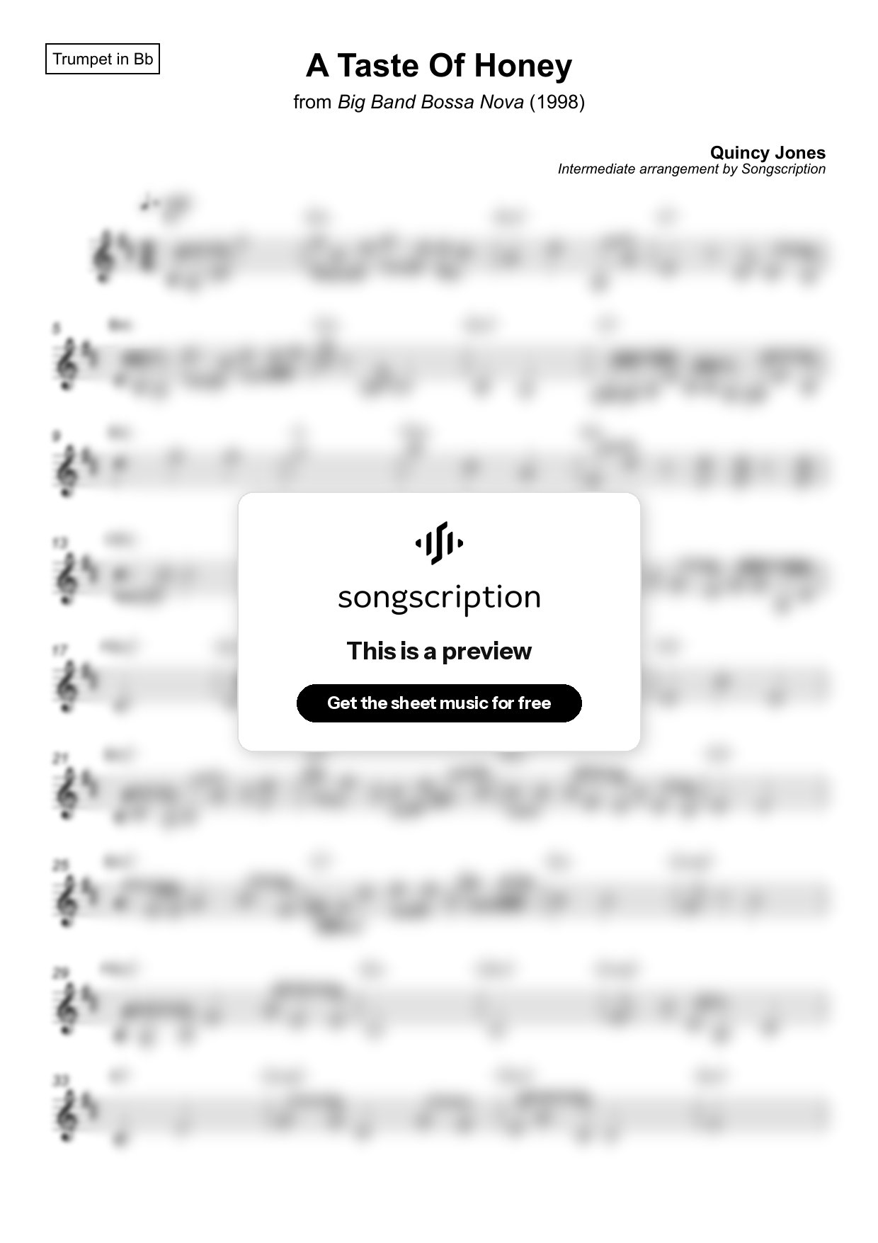 Intermediate Trumpet Sheet Music for "A Taste Of Honey" by Quincy Jones