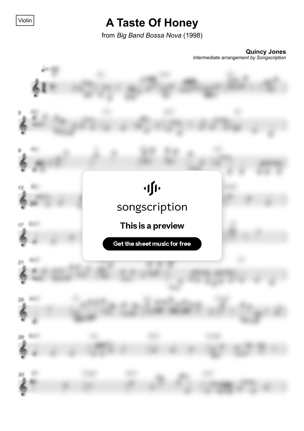Intermediate Violin Sheet Music for "A Taste Of Honey" by Quincy Jones