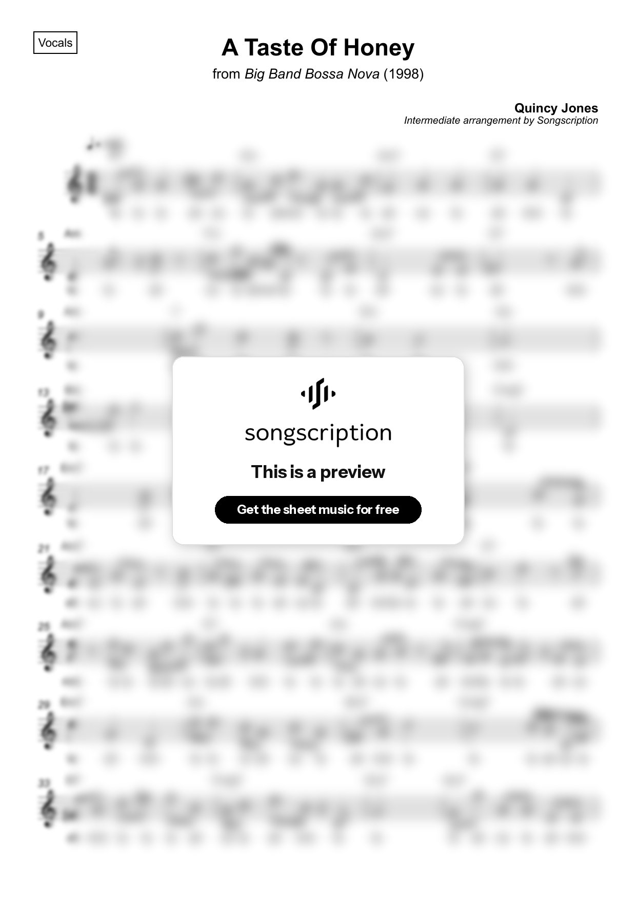 Intermediate Vocals Sheet Music for "A Taste Of Honey" by Quincy Jones