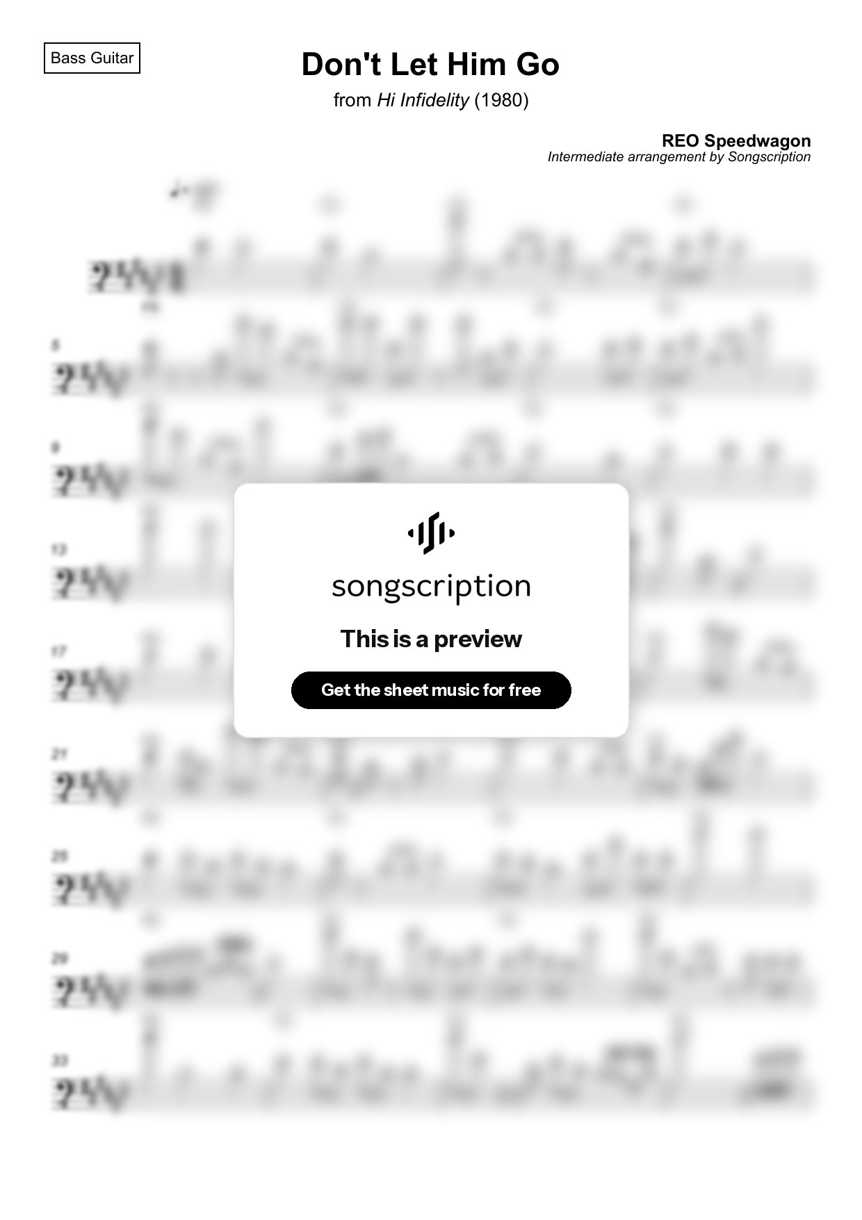 Intermediate Bass Guitar Sheet Music for "Don't Let Him Go" by REO Speedwagon