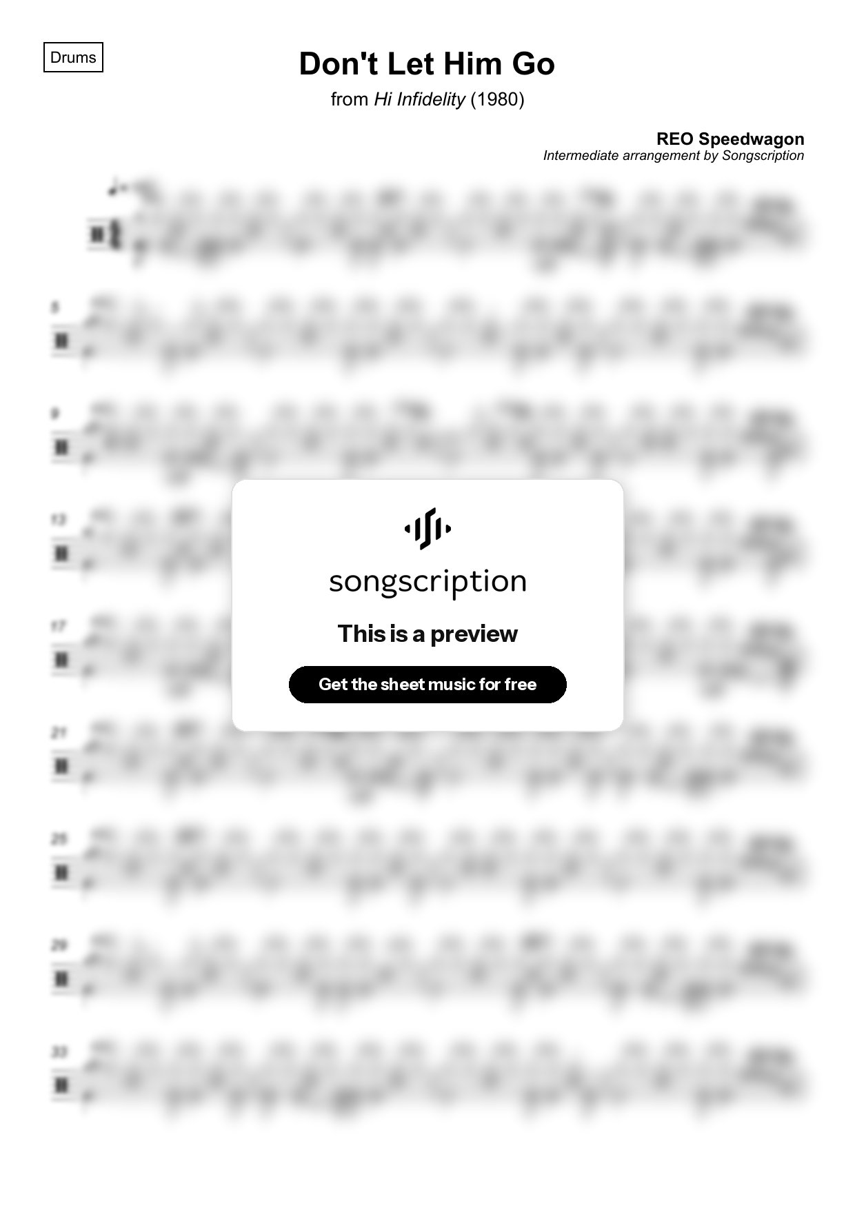 Intermediate Drums Sheet Music for "Don't Let Him Go" by REO Speedwagon