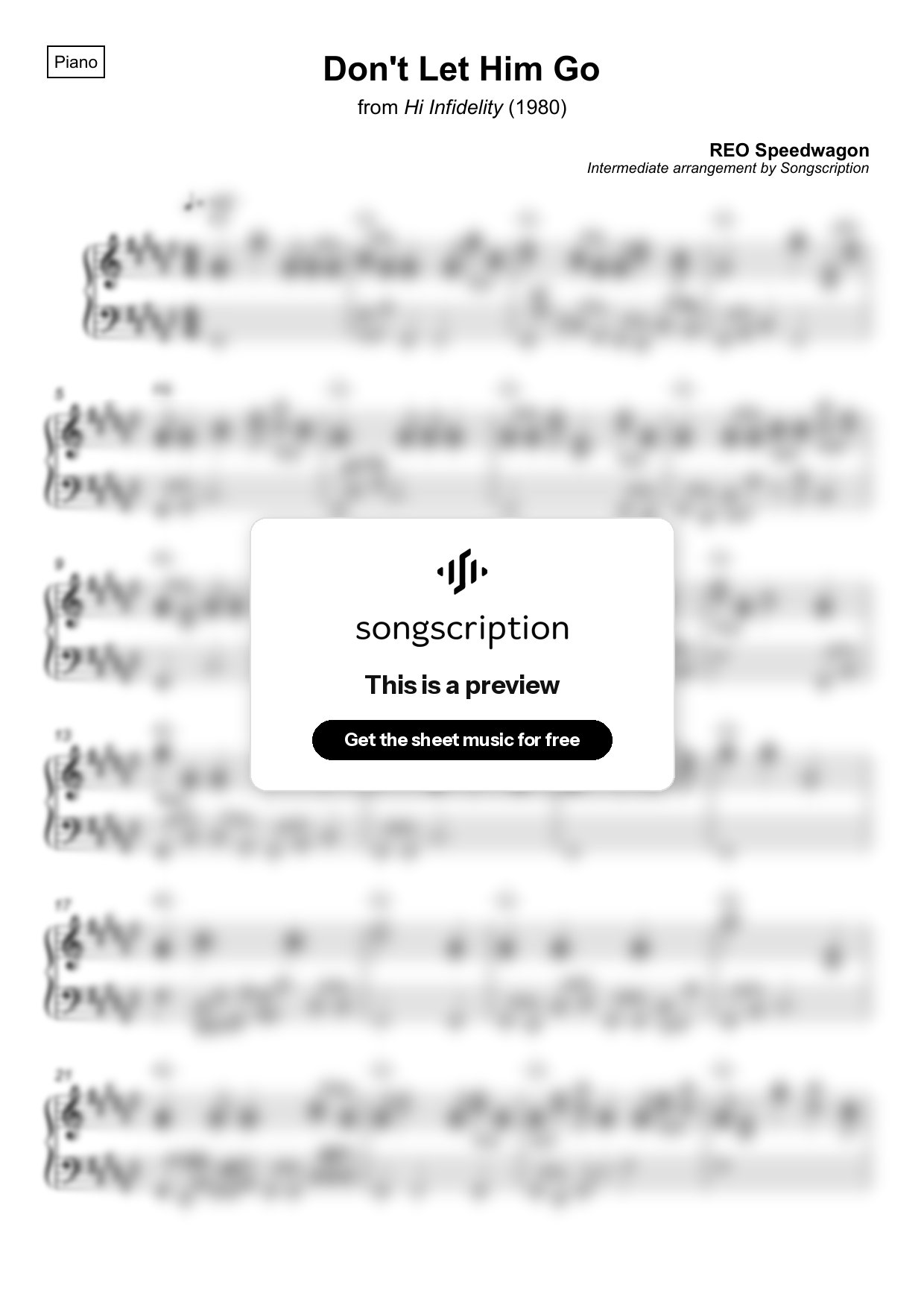 Intermediate Piano Sheet Music for "Don't Let Him Go" by REO Speedwagon
