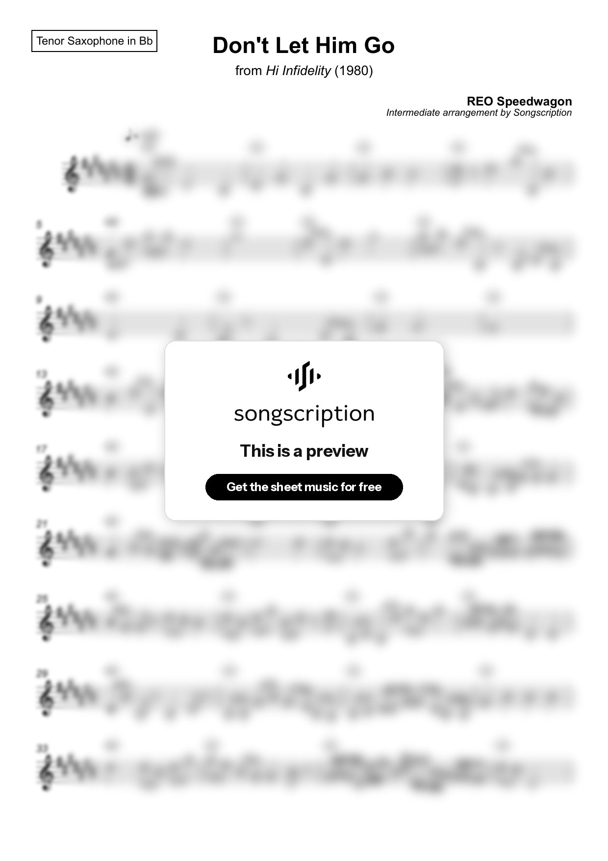 Intermediate Tenor Sax Sheet Music for "Don't Let Him Go" by REO Speedwagon