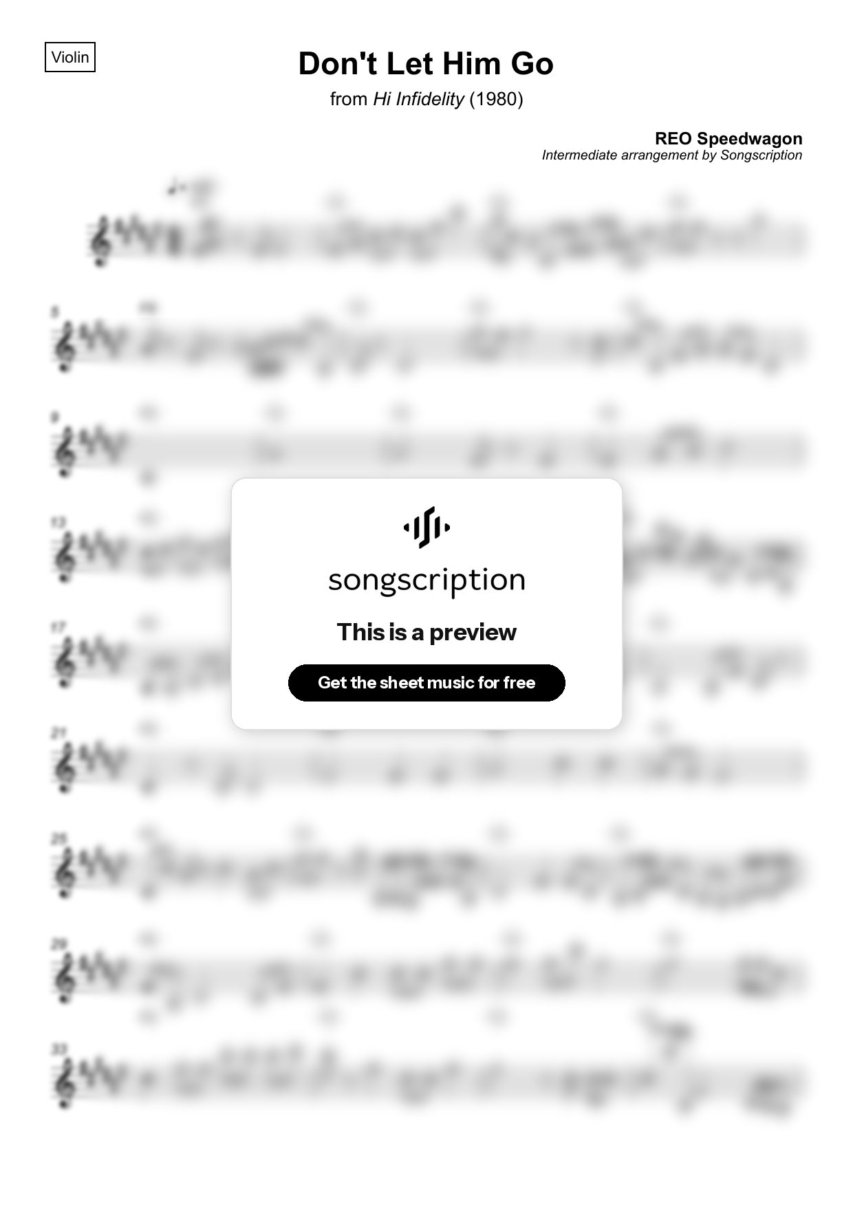 Intermediate Violin Sheet Music for "Don't Let Him Go" by REO Speedwagon