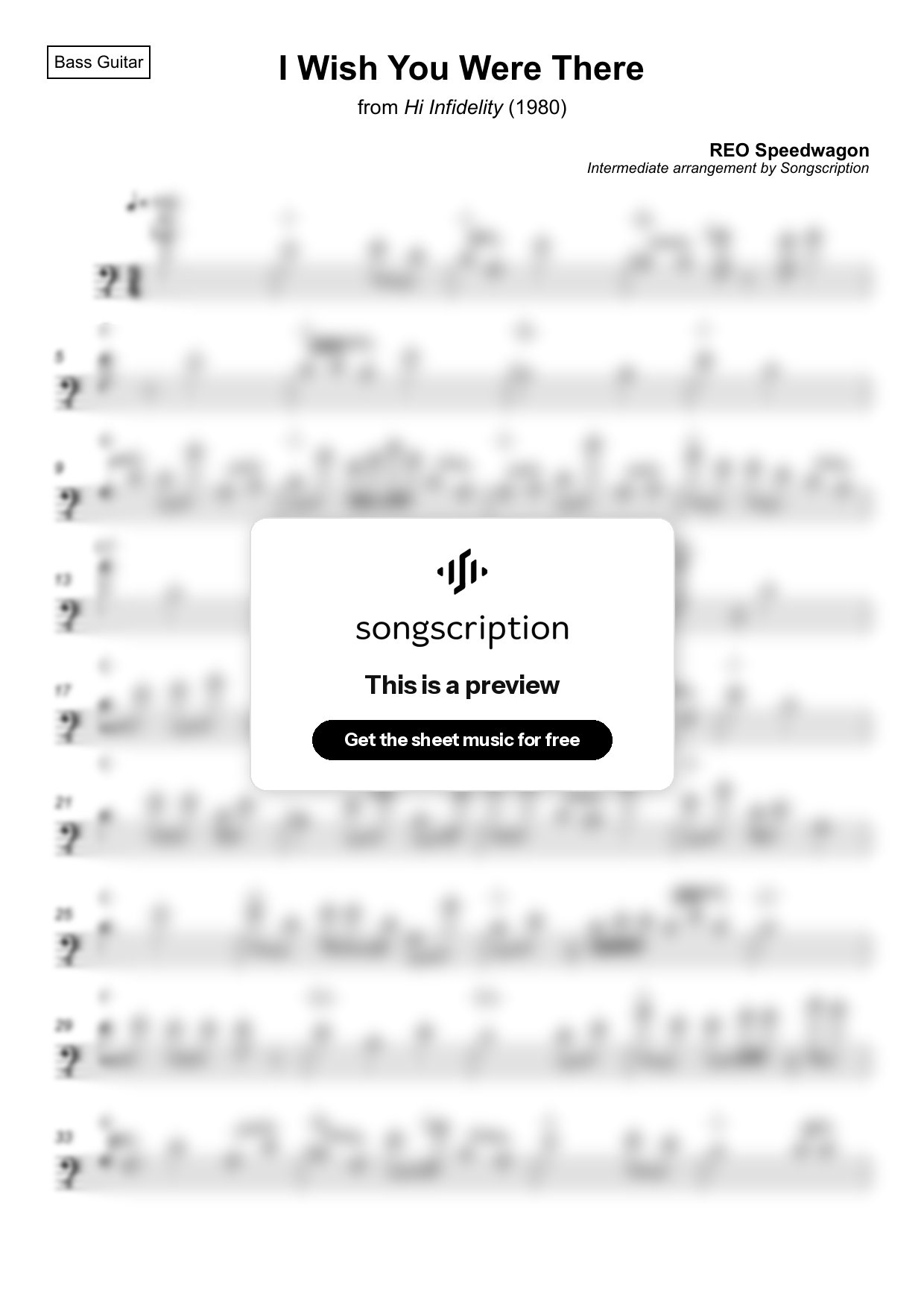 Intermediate Bass Guitar Sheet Music for "I Wish You Were There" by REO Speedwagon