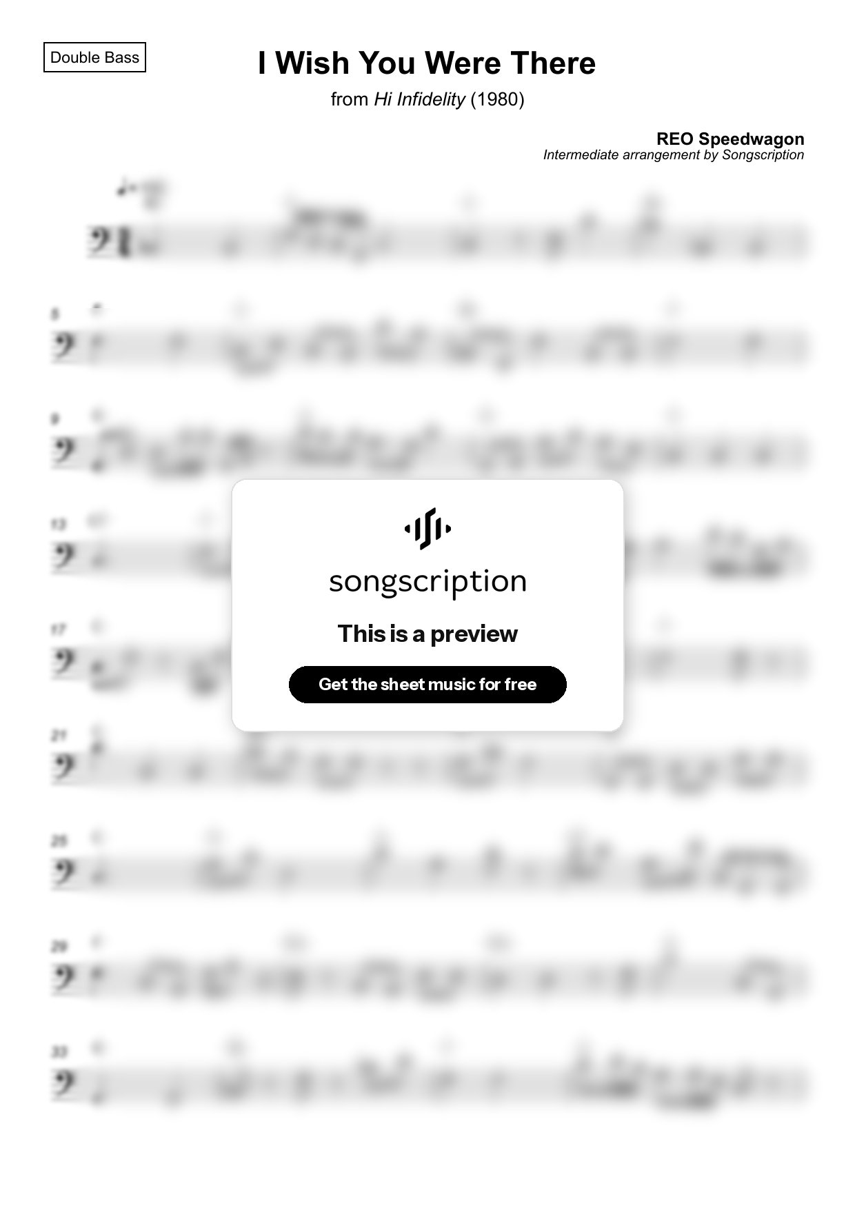 Intermediate Double Bass Sheet Music for "I Wish You Were There" by REO Speedwagon
