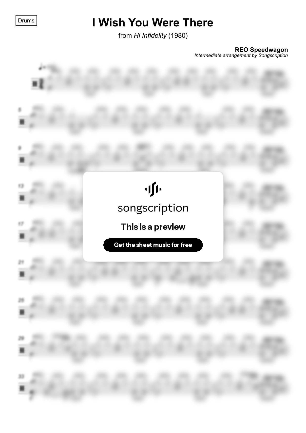 Intermediate Drums Sheet Music for "I Wish You Were There" by REO Speedwagon