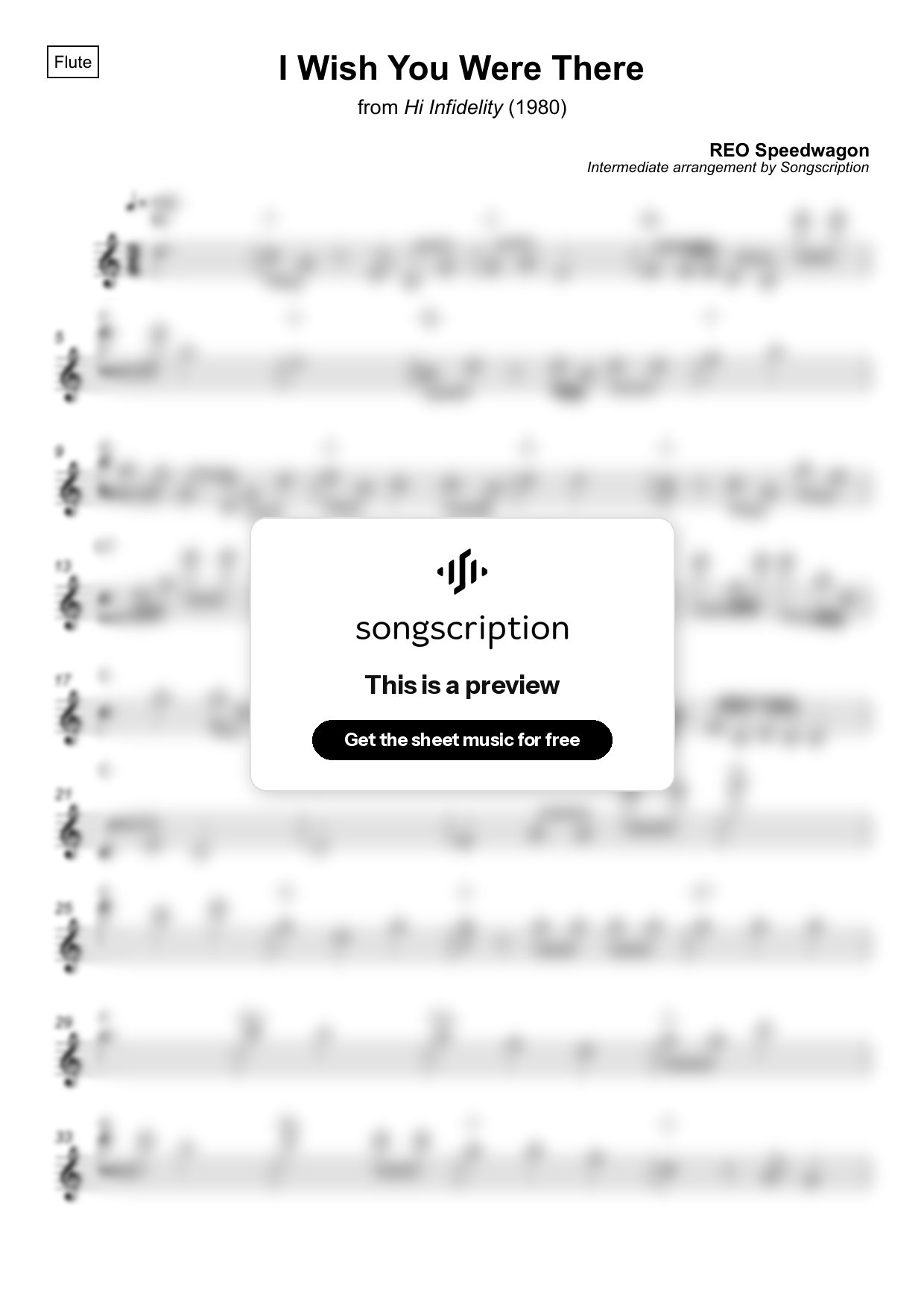 Intermediate Flute Sheet Music for "I Wish You Were There" by REO Speedwagon