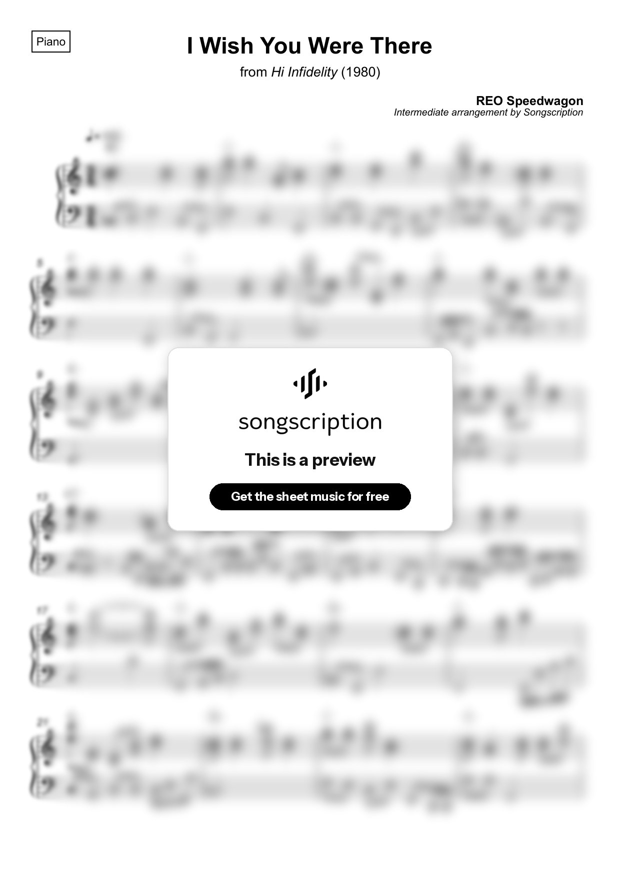 Intermediate Piano Sheet Music for "I Wish You Were There" by REO Speedwagon