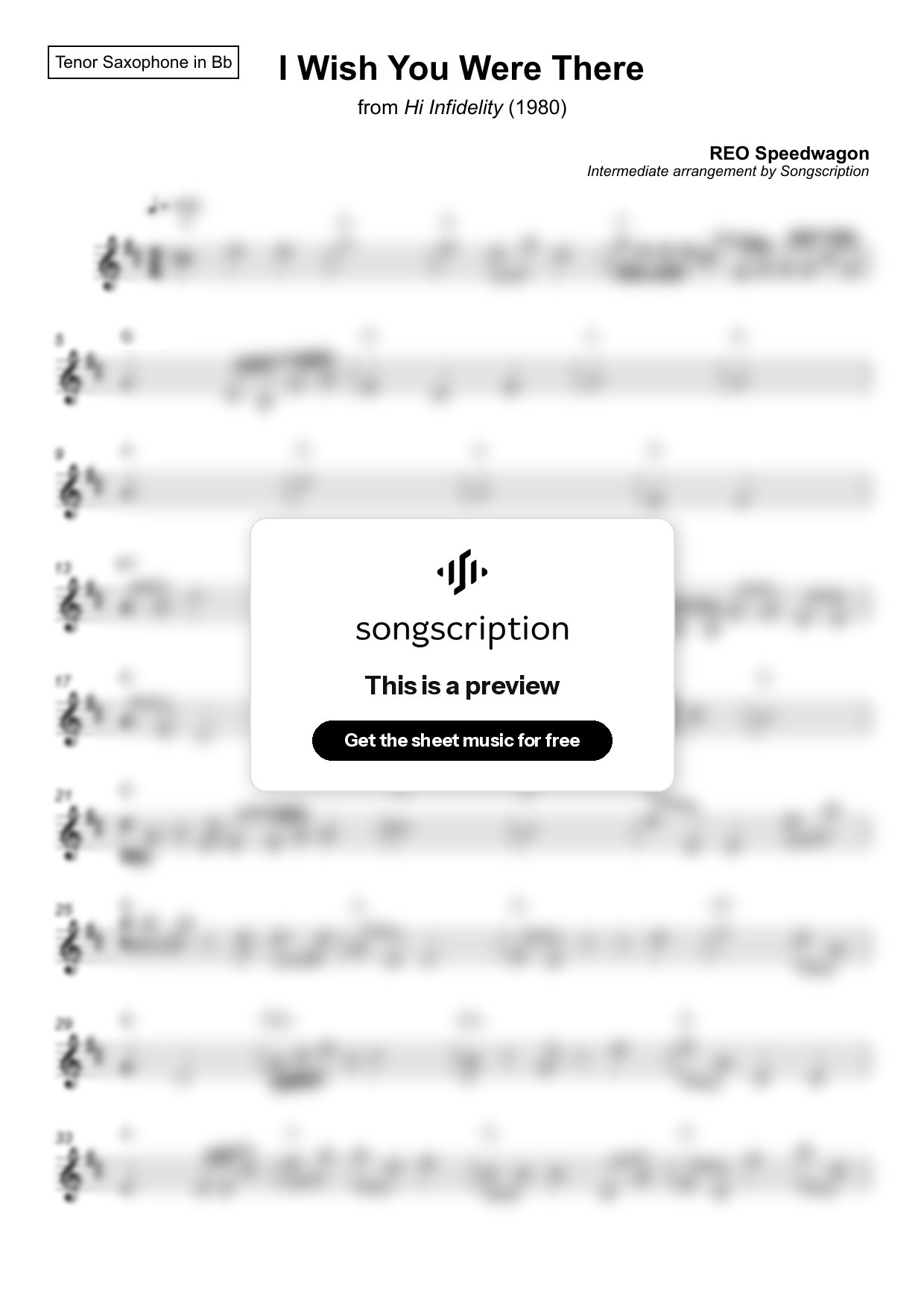 Intermediate Tenor Sax Sheet Music for "I Wish You Were There" by REO Speedwagon
