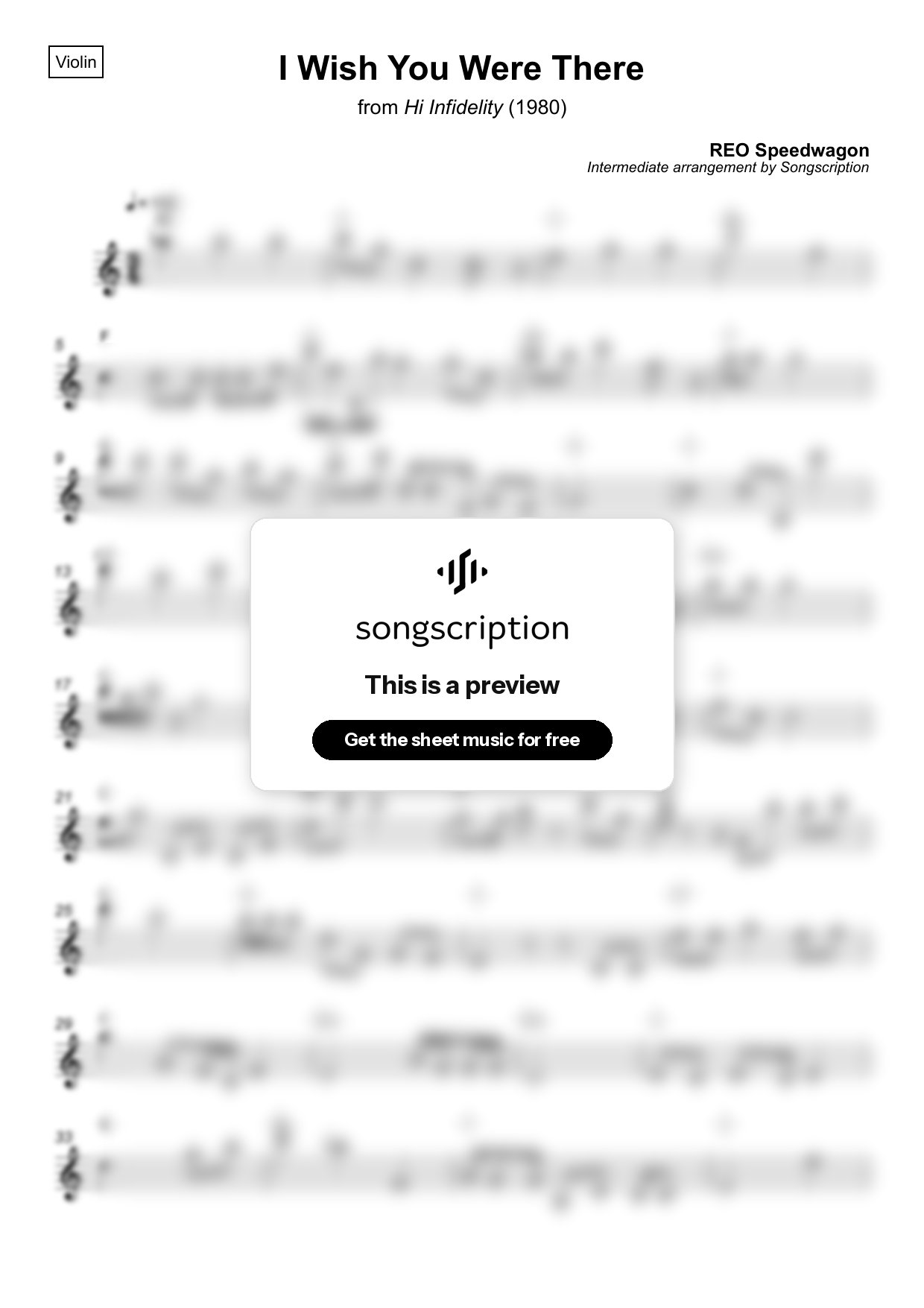 Intermediate Violin Sheet Music for "I Wish You Were There" by REO Speedwagon