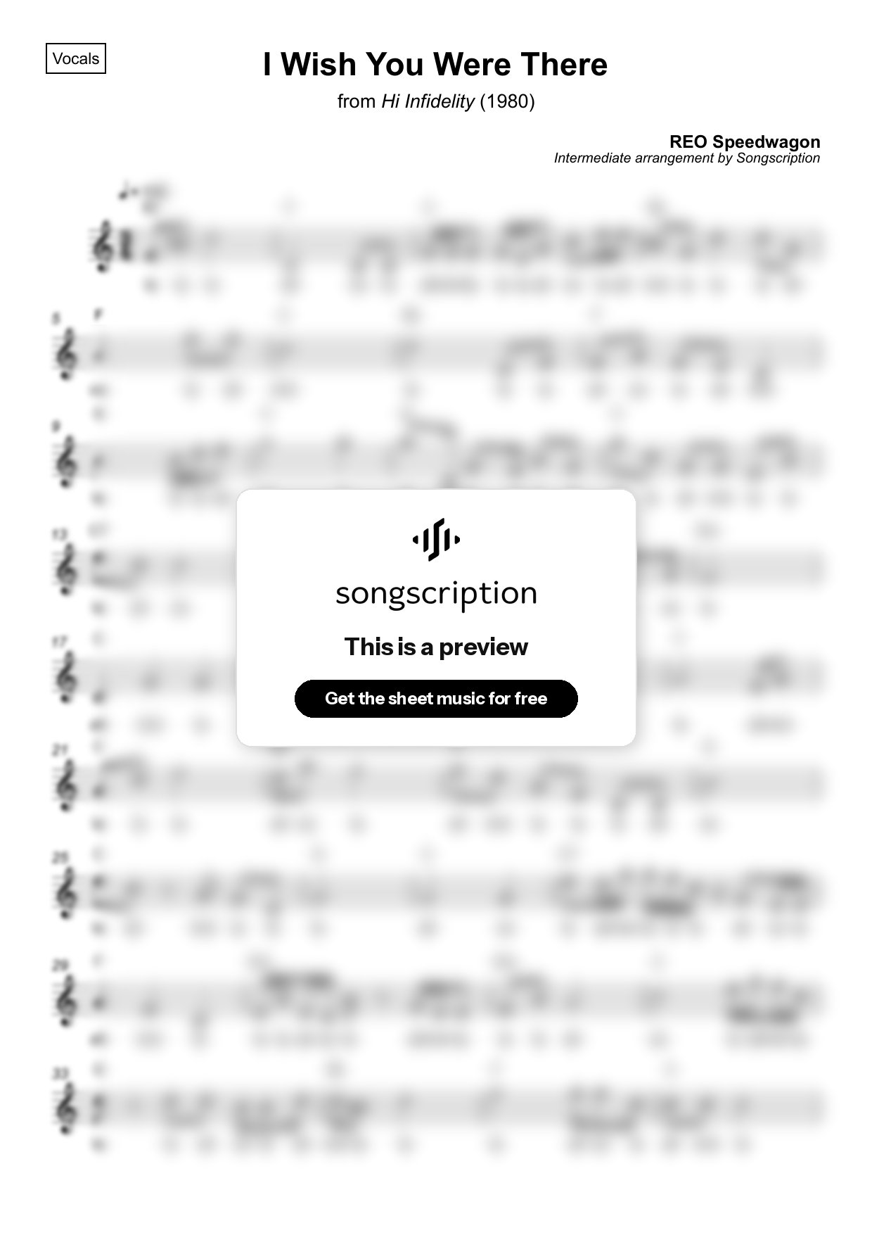 Intermediate Vocals Sheet Music for "I Wish You Were There" by REO Speedwagon