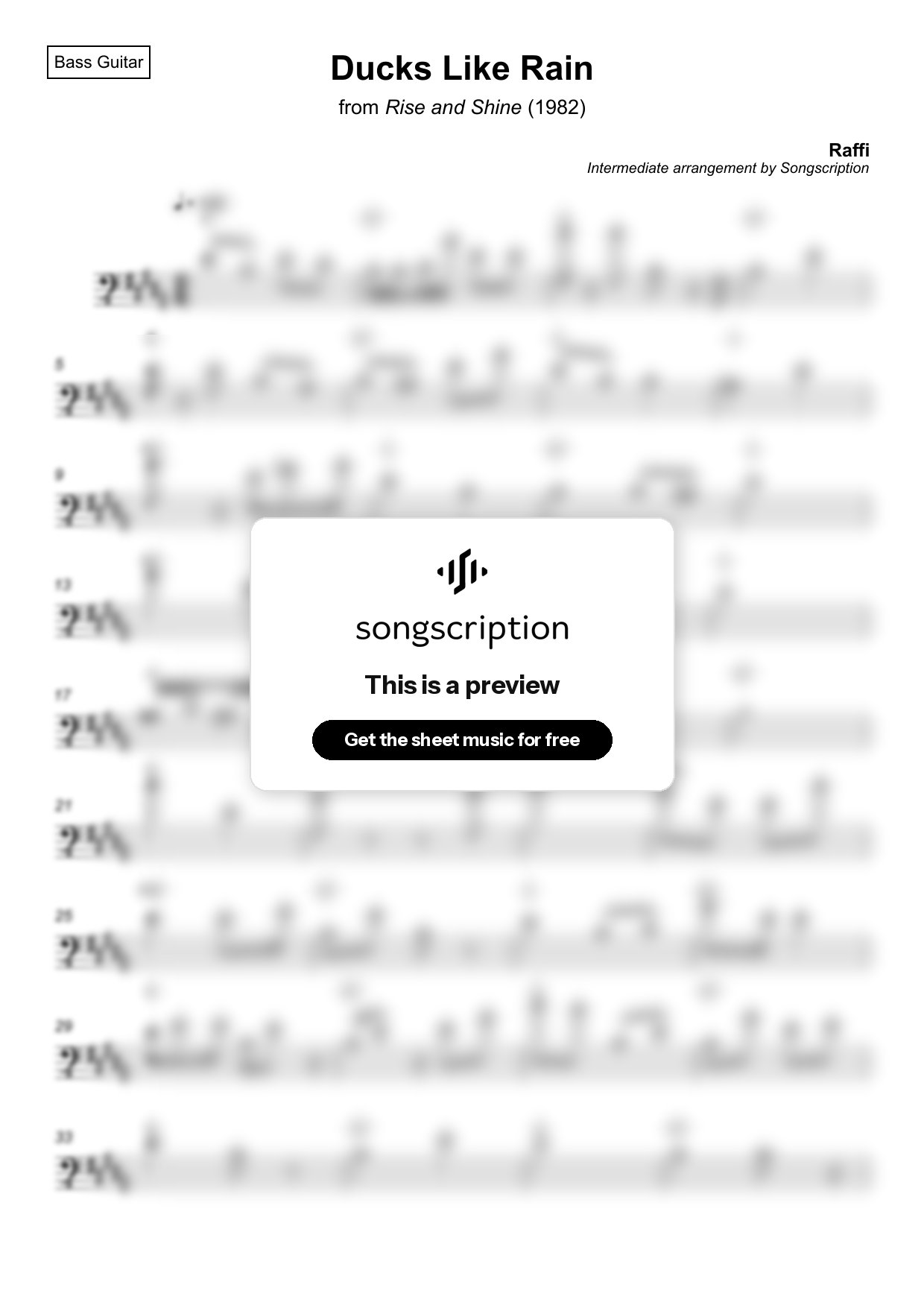 Intermediate Bass Guitar Sheet Music for "Ducks Like Rain" by Raffi