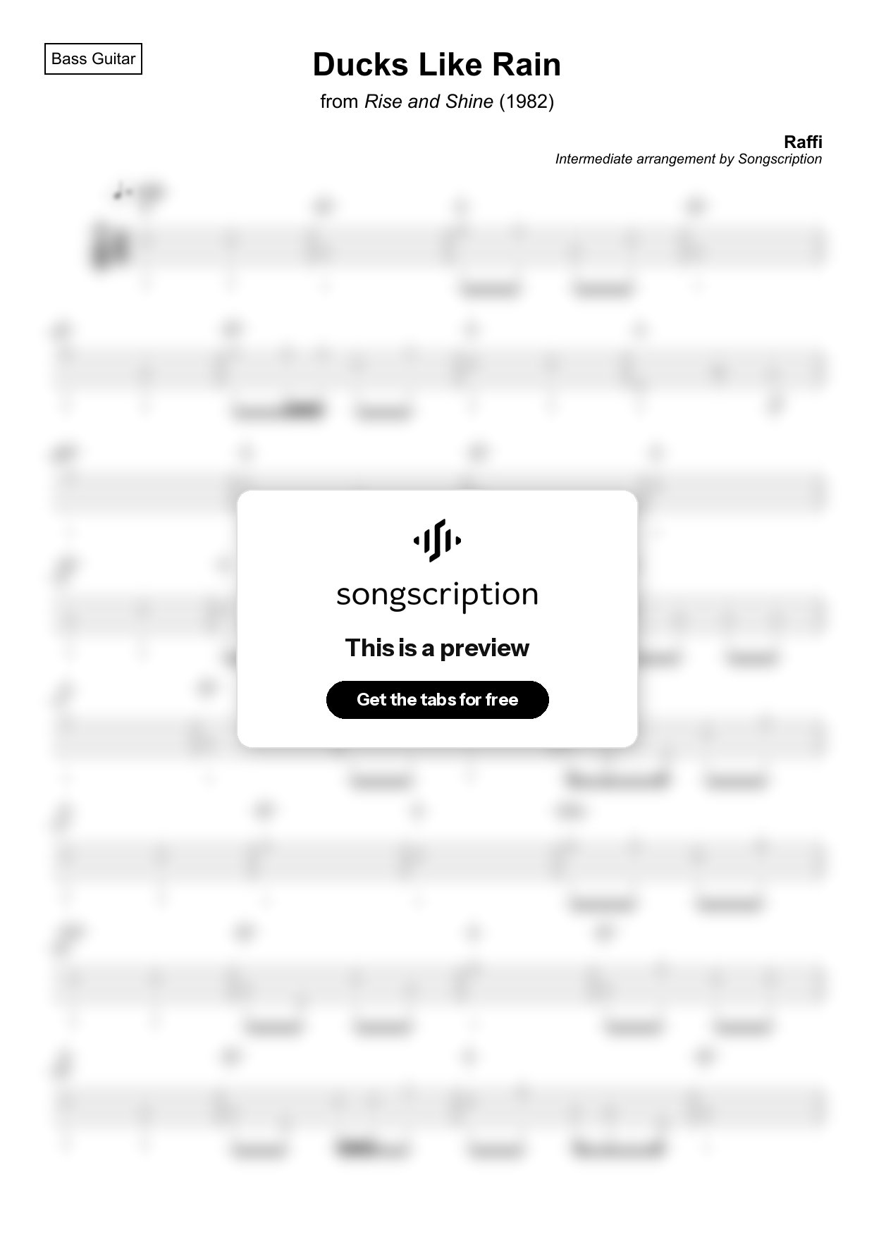 Intermediate Bass Guitar Tabs for "Ducks Like Rain" by Raffi