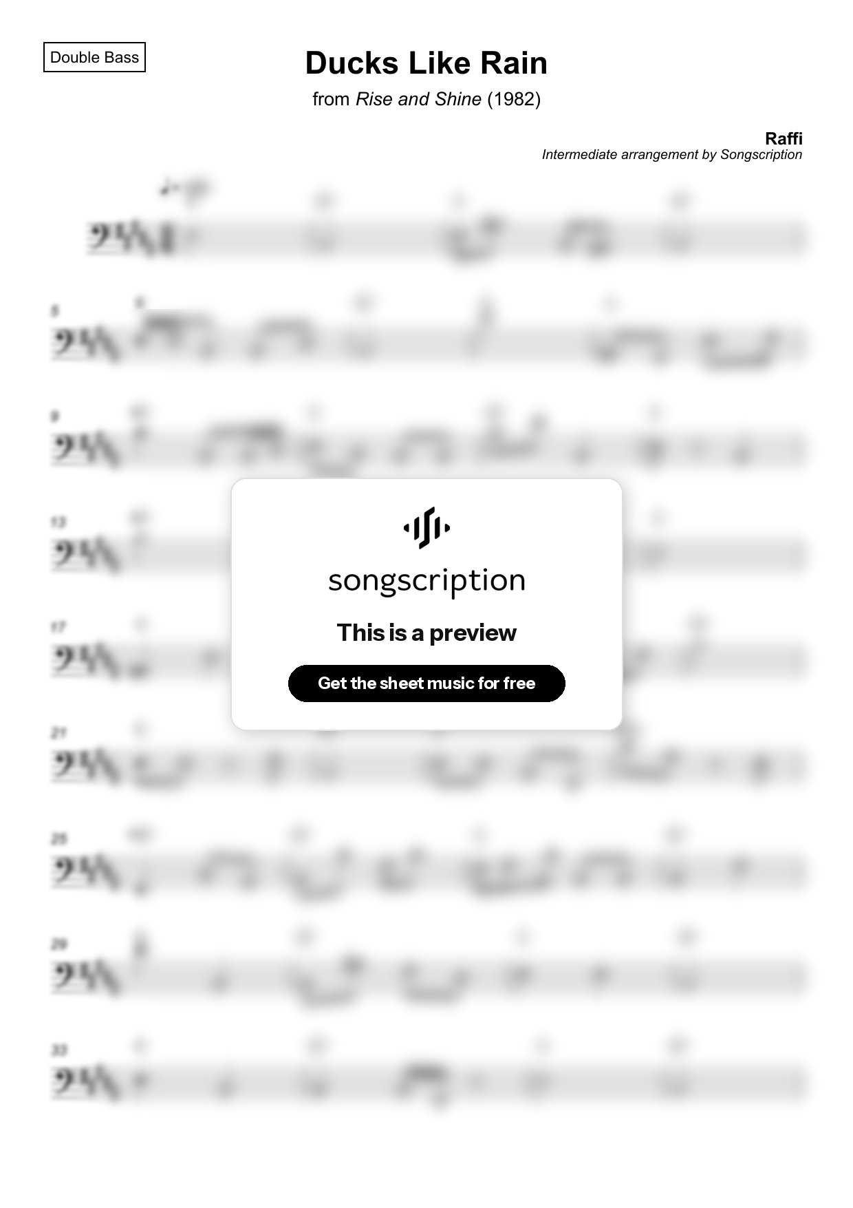 Intermediate Double Bass Sheet Music for "Ducks Like Rain" by Raffi