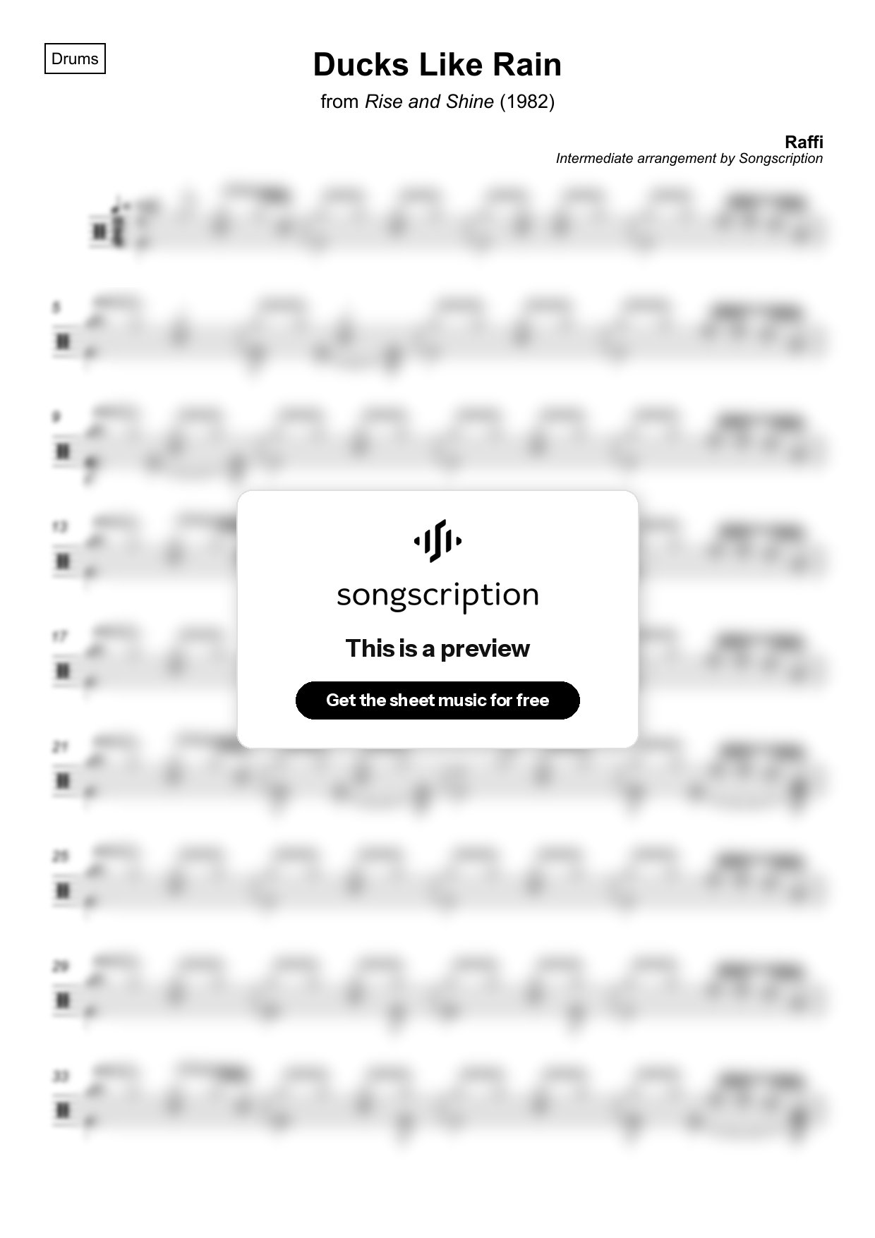 Intermediate Drums Sheet Music for "Ducks Like Rain" by Raffi