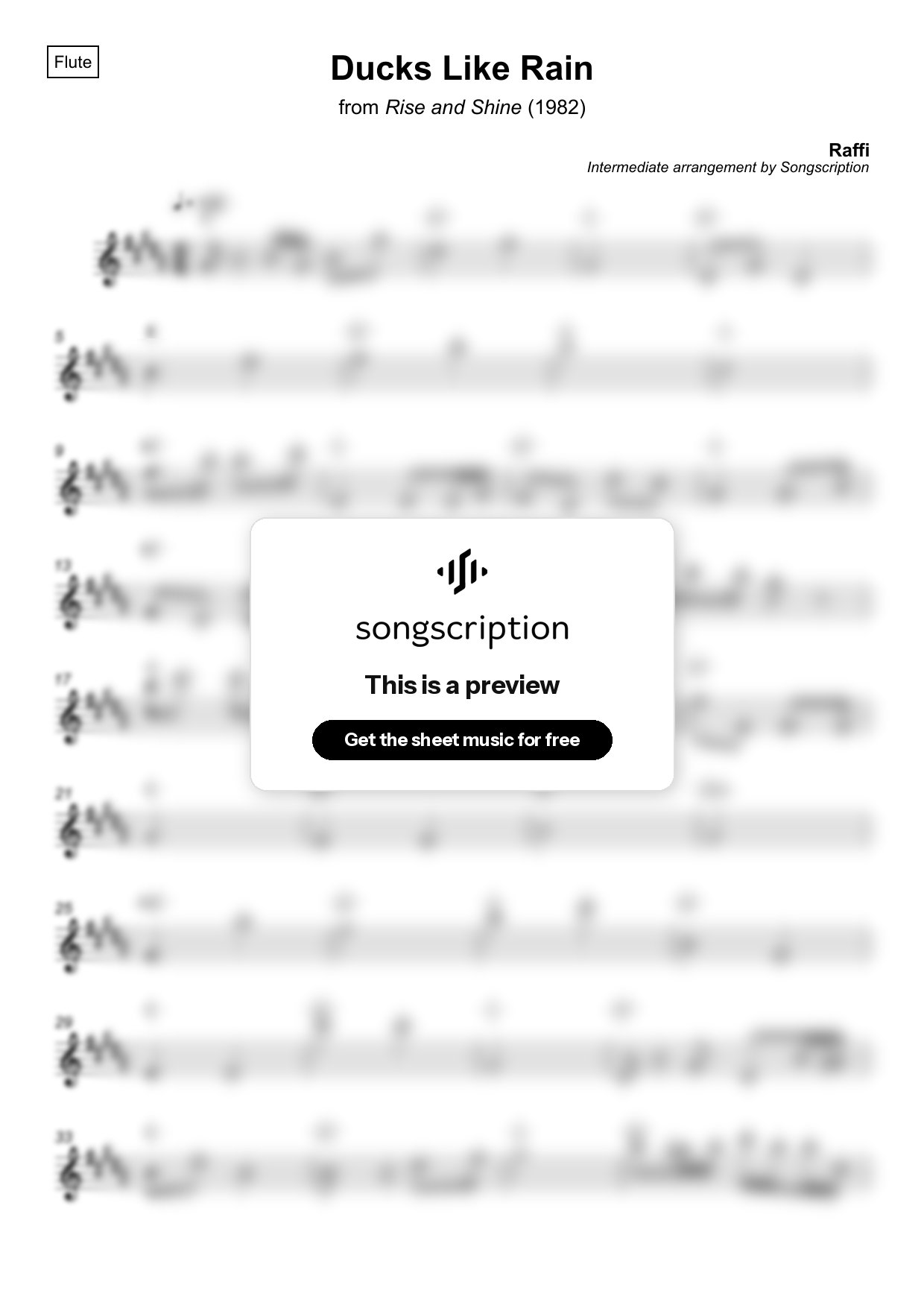 Intermediate Flute Sheet Music for "Ducks Like Rain" by Raffi