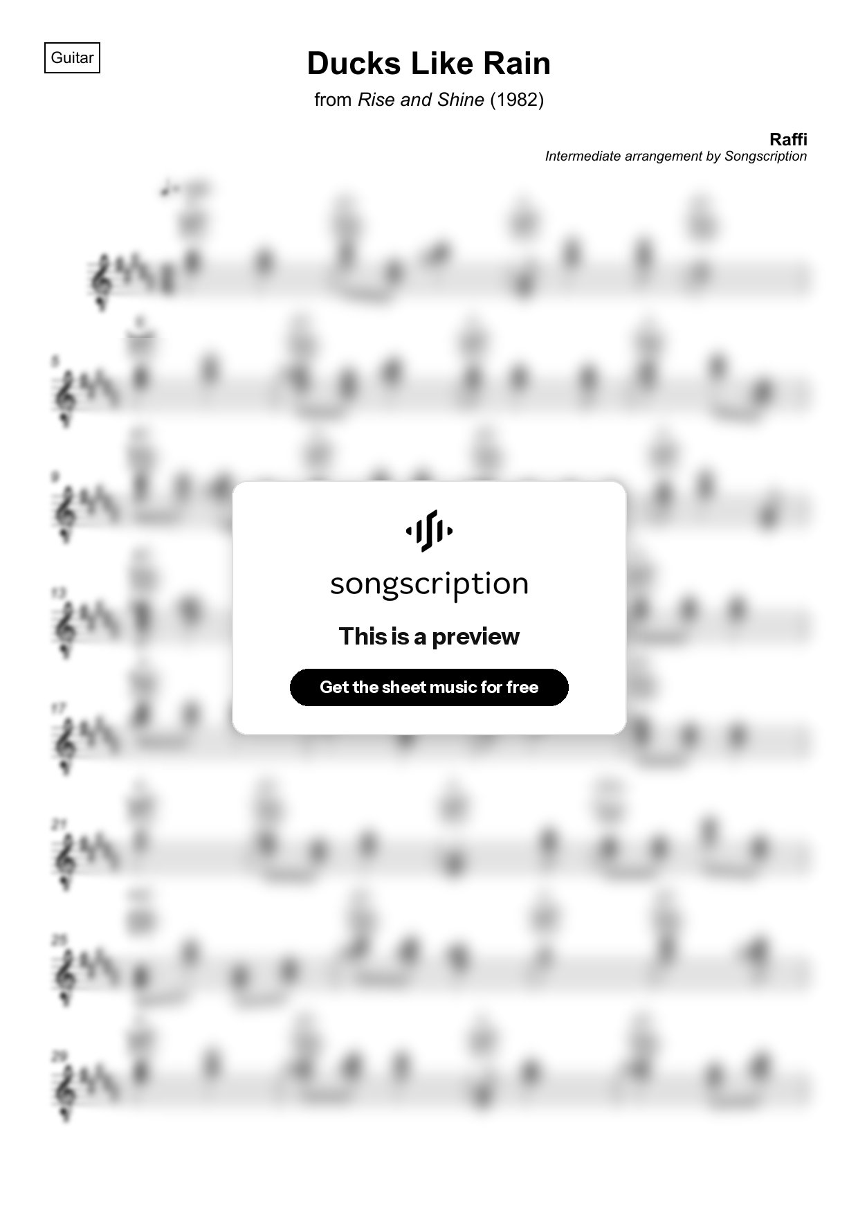 Intermediate Acoustic Guitar Sheet Music for "Ducks Like Rain" by Raffi