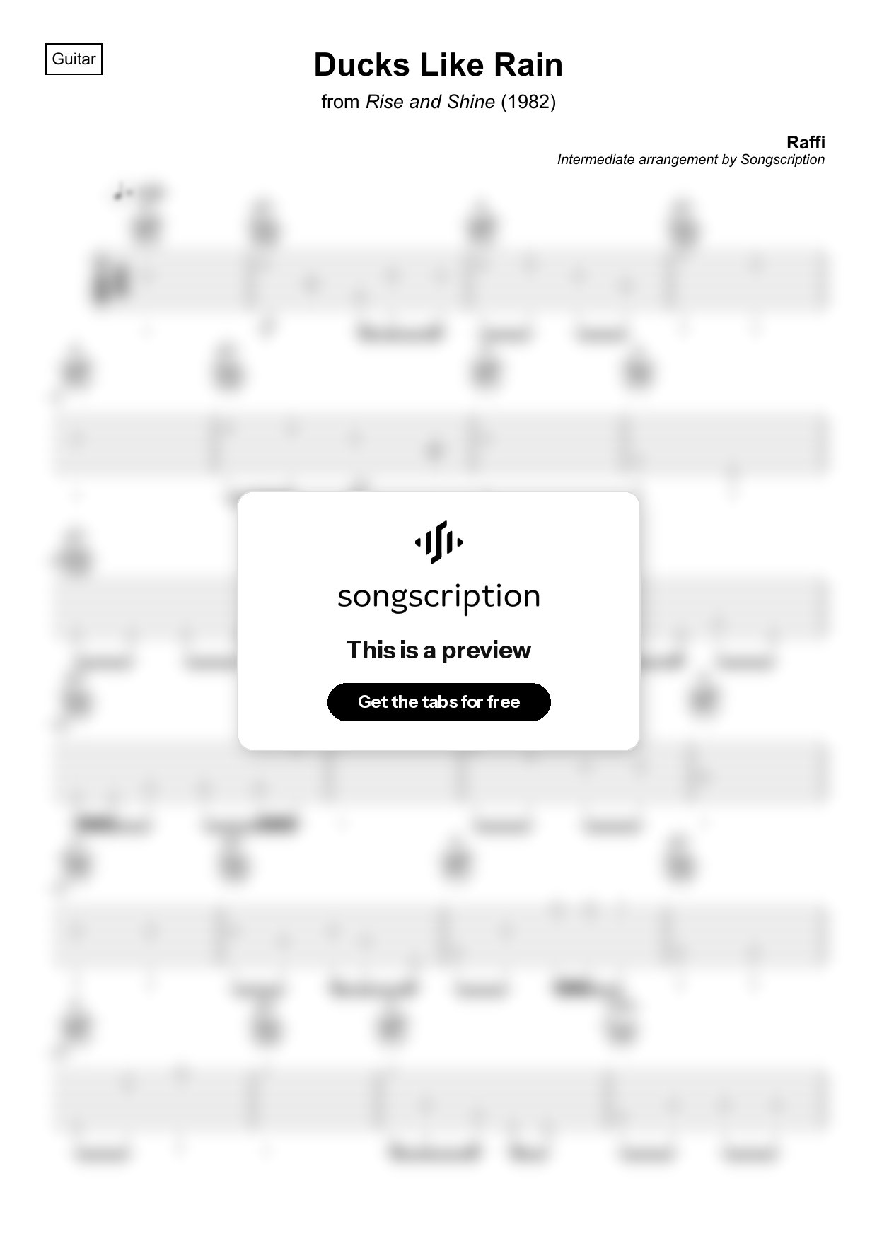Intermediate Acoustic Guitar Tabs for "Ducks Like Rain" by Raffi