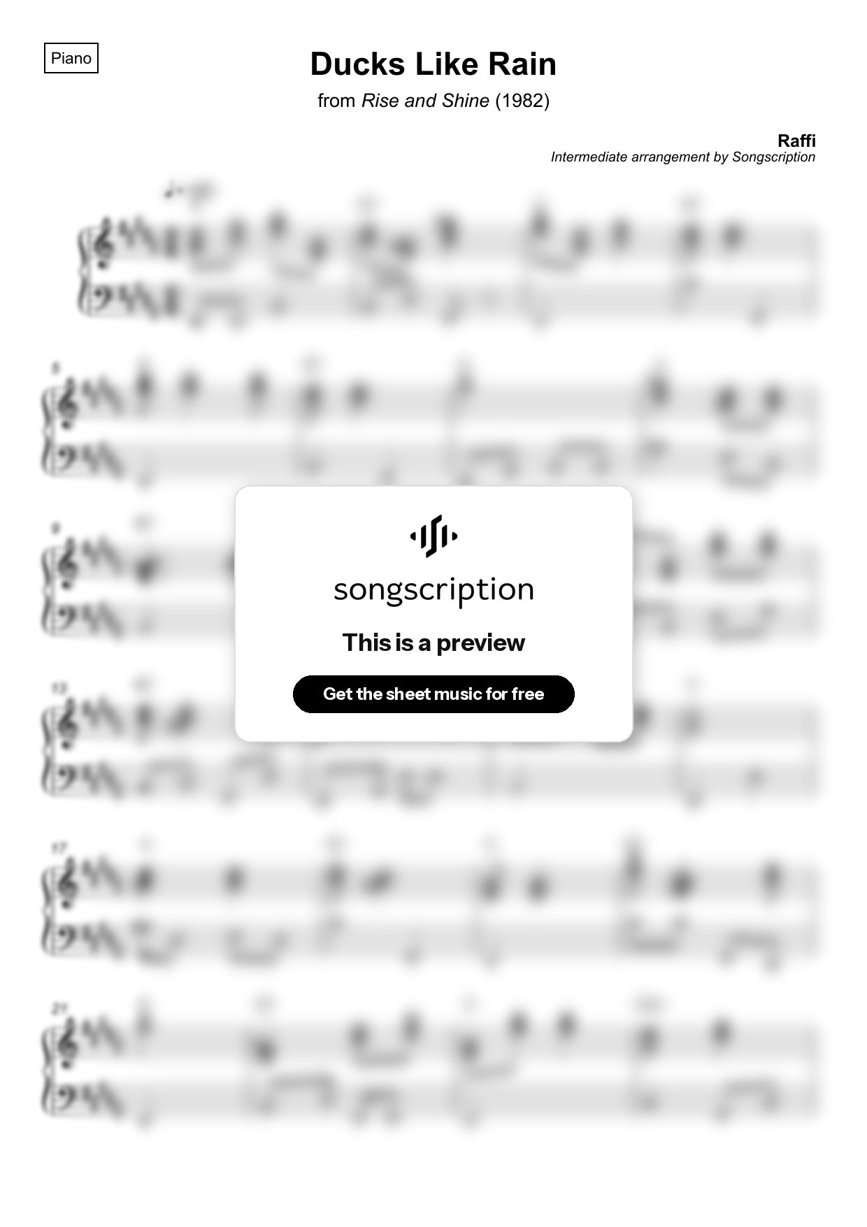 Intermediate Piano Sheet Music for "Ducks Like Rain" by Raffi