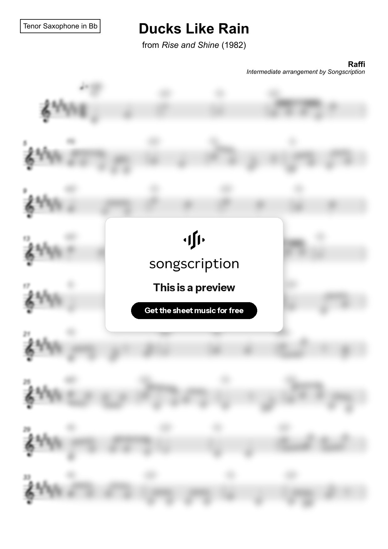 Intermediate Tenor Sax Sheet Music for "Ducks Like Rain" by Raffi