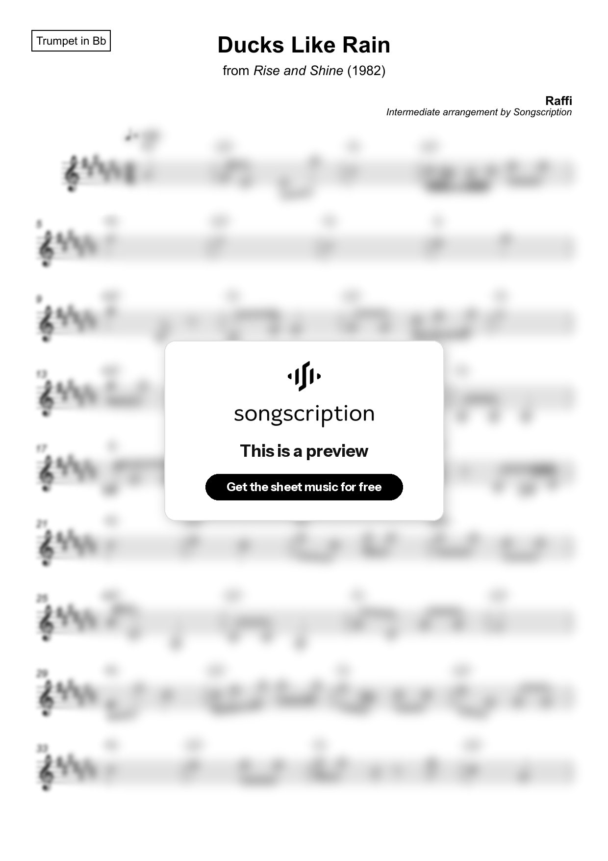 Intermediate Trumpet Sheet Music for "Ducks Like Rain" by Raffi