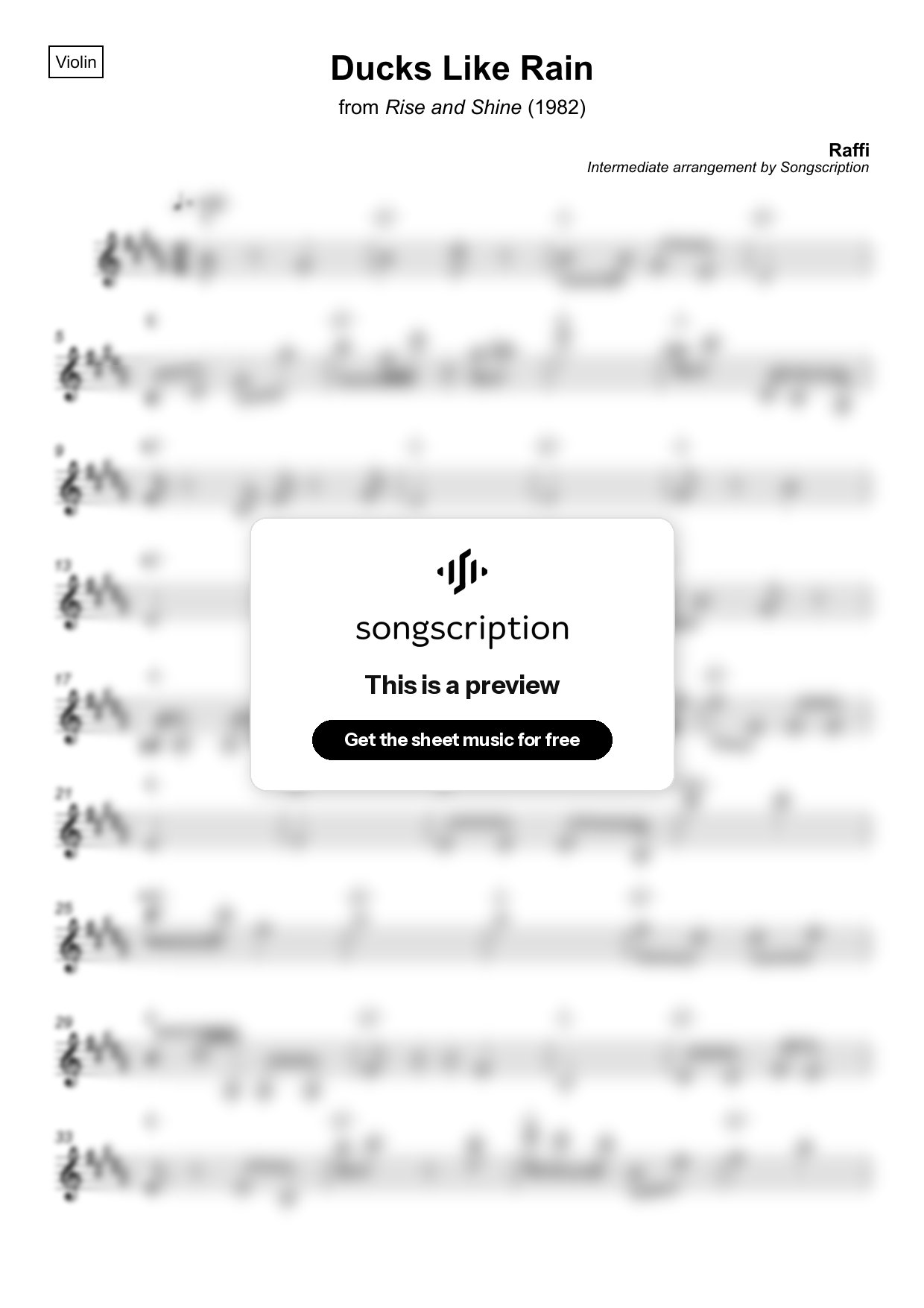 Intermediate Violin Sheet Music for "Ducks Like Rain" by Raffi