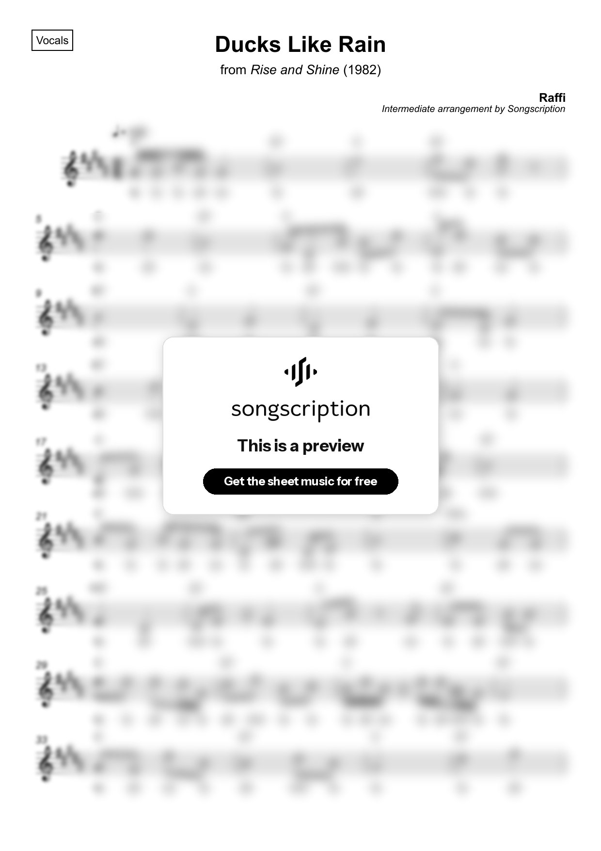 Intermediate Vocals Sheet Music for "Ducks Like Rain" by Raffi