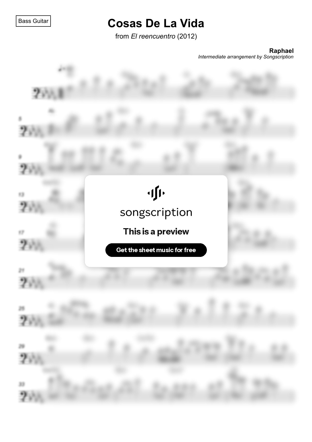 Intermediate Bass Guitar Sheet Music for "Cosas De La Vida" by Raphael