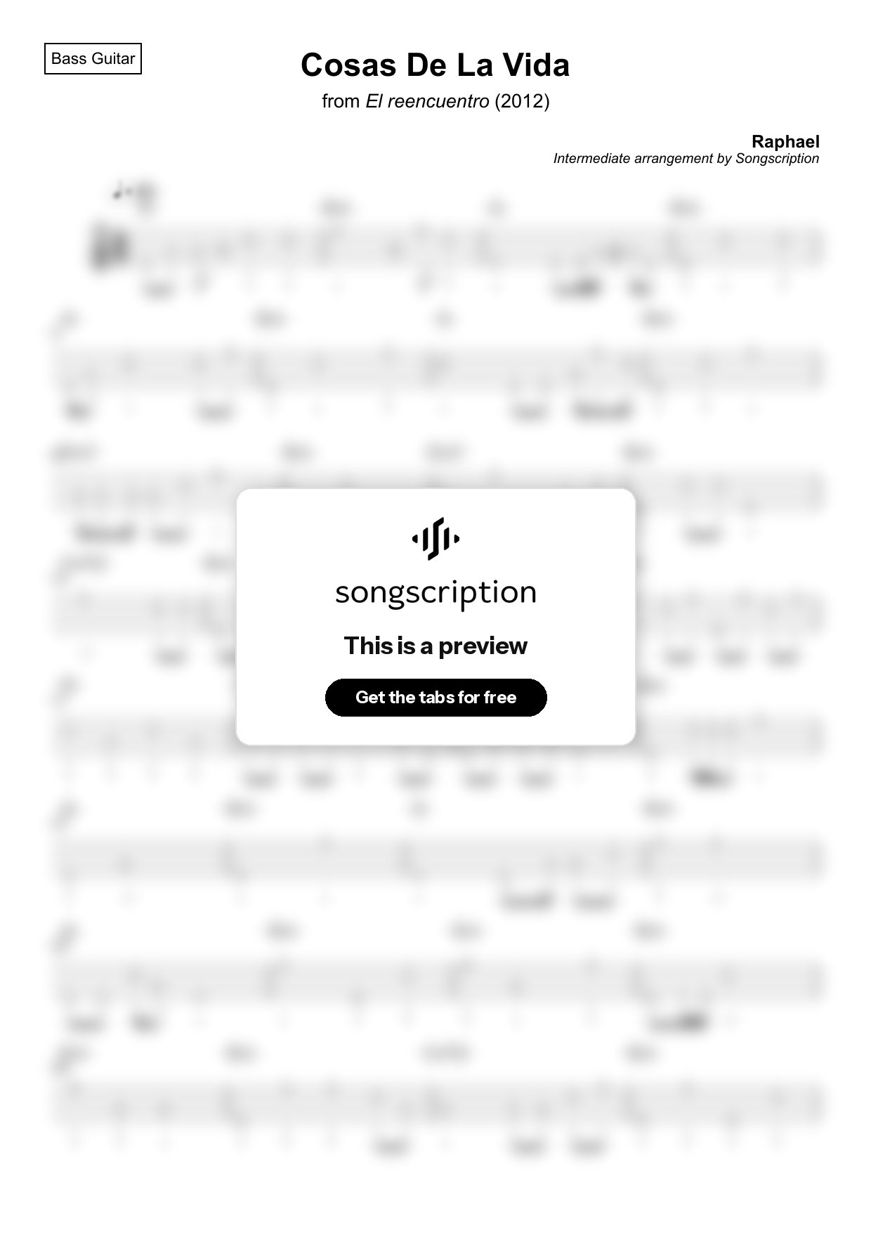 Intermediate Bass Guitar Tabs for "Cosas De La Vida" by Raphael