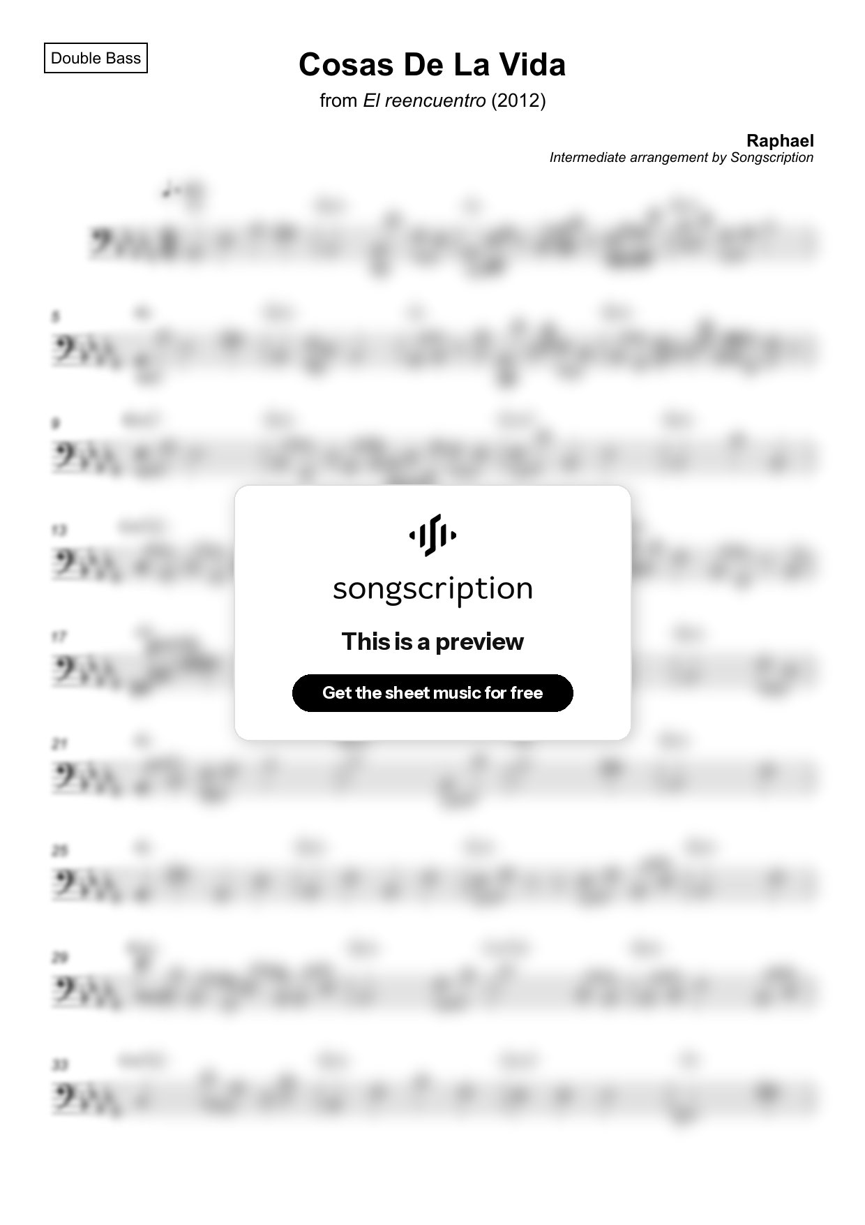 Intermediate Double Bass Sheet Music for "Cosas De La Vida" by Raphael
