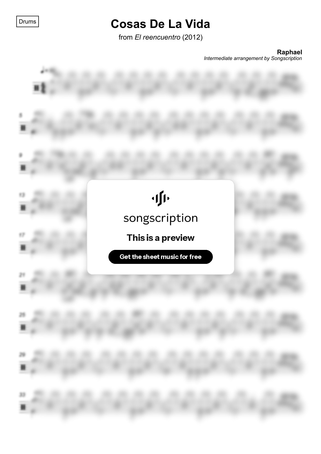 Intermediate Drums Sheet Music for "Cosas De La Vida" by Raphael