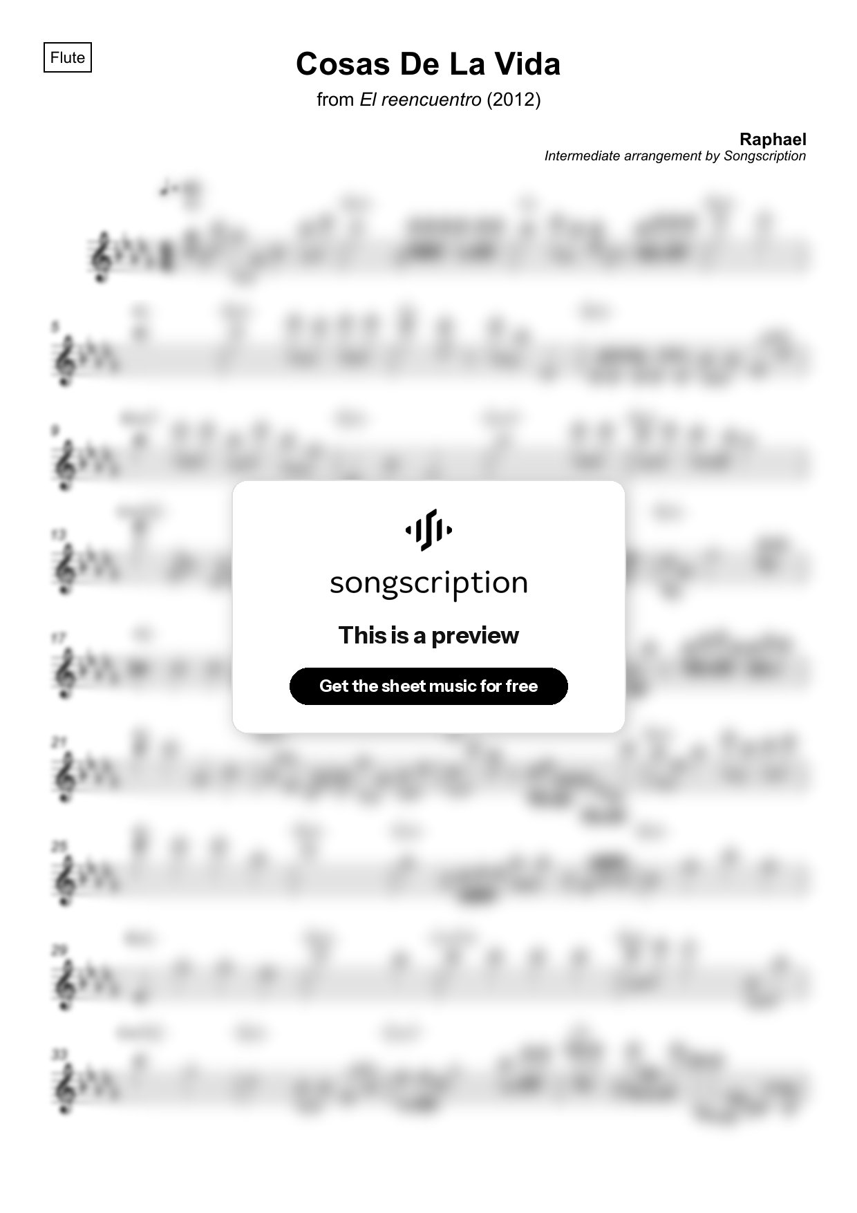Intermediate Flute Sheet Music for "Cosas De La Vida" by Raphael