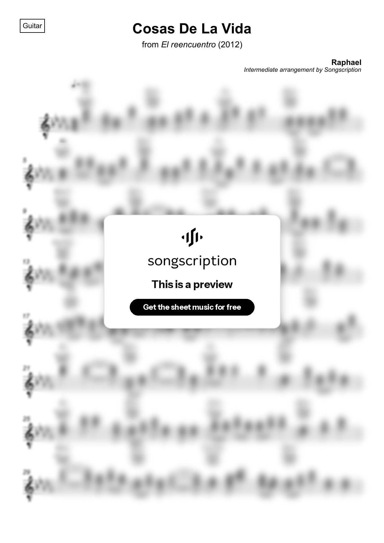 Intermediate Acoustic Guitar Sheet Music for "Cosas De La Vida" by Raphael